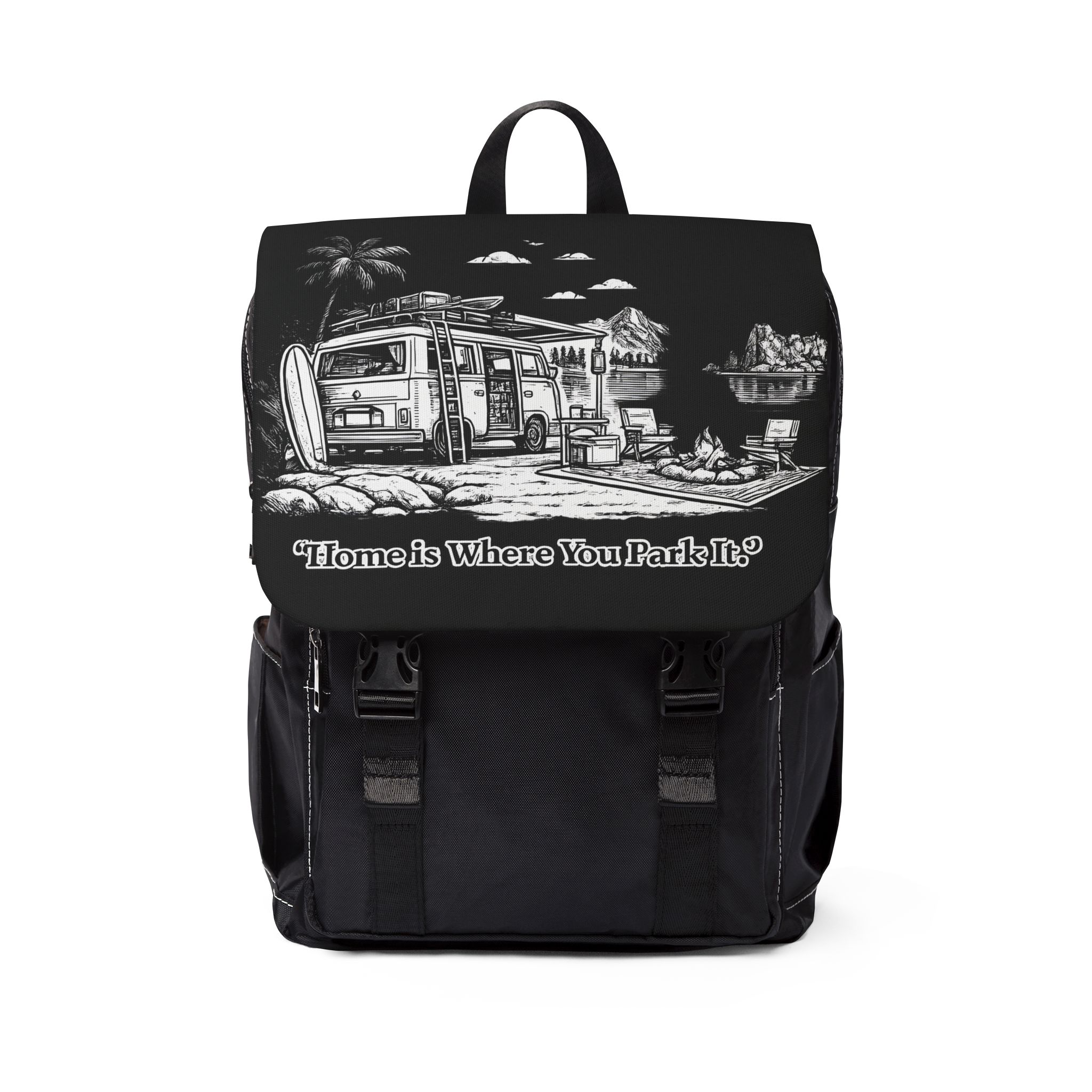 Unisex Casual Shoulder Backpack — "Home Is Where You Park It" Design Minimal-Line