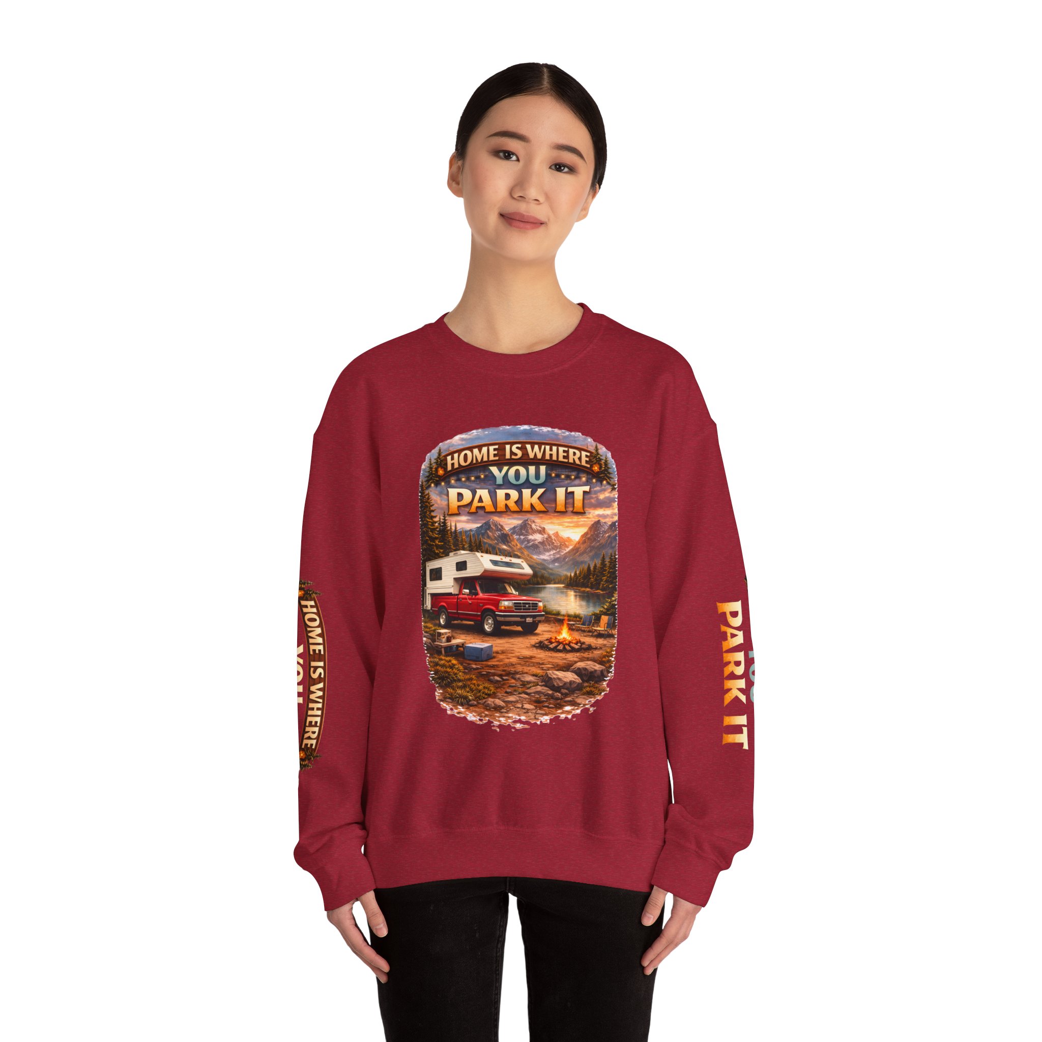 Unisex Heavy Blend™ Crewneck Sweatshirt — "Home Is Where You Park It" Design Scenic-Line