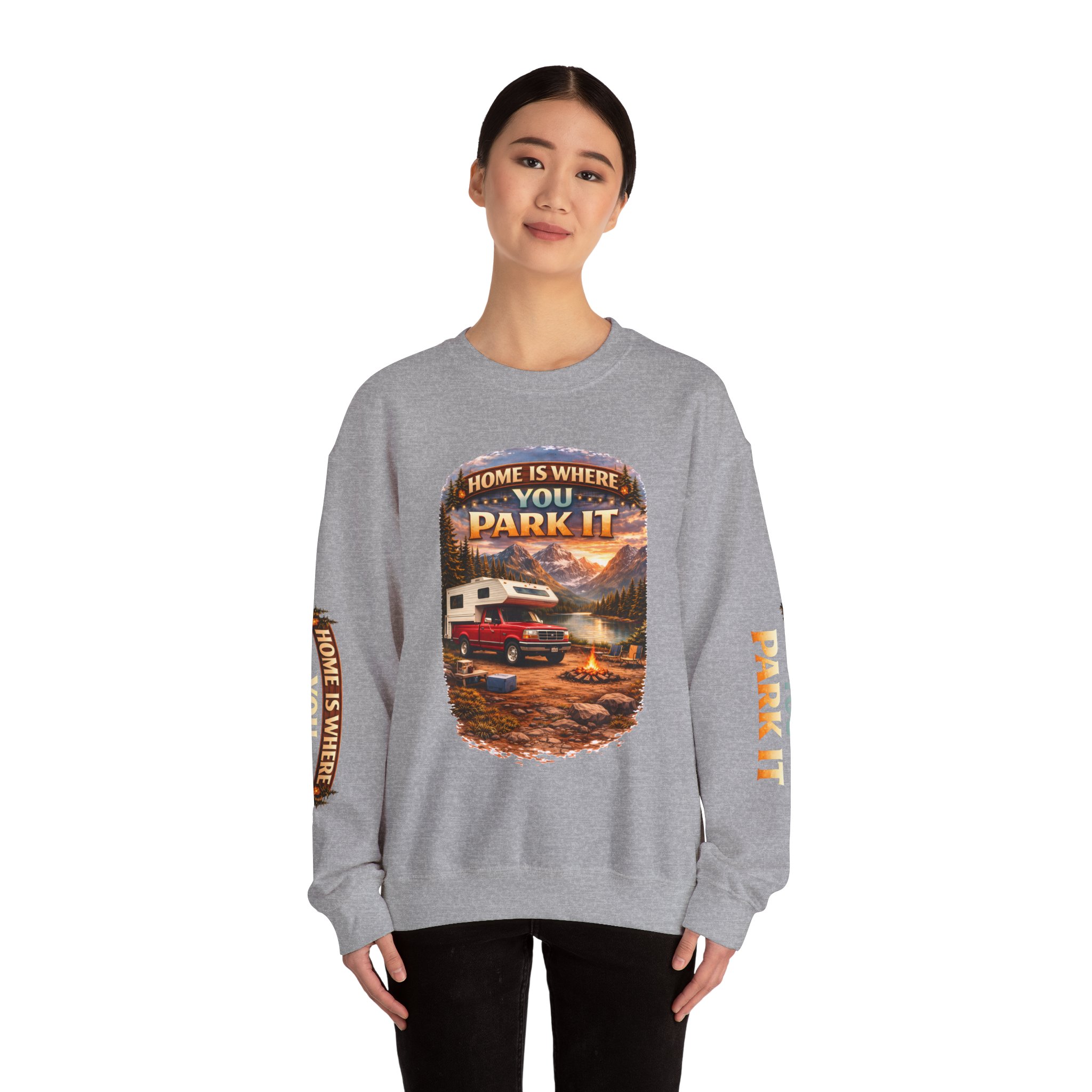 Unisex Heavy Blend™ Crewneck Sweatshirt — "Home Is Where You Park It" Design Scenic-Line