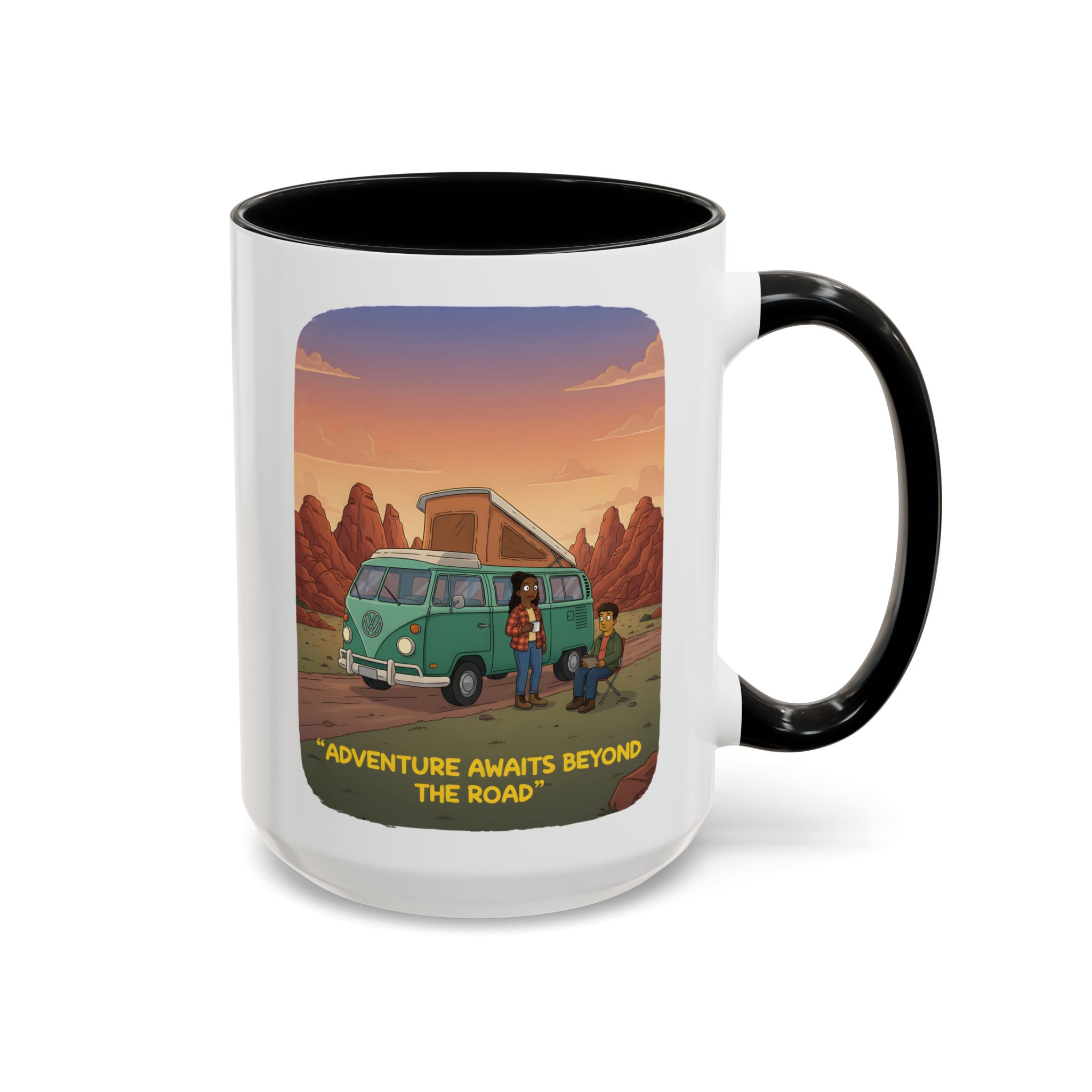 Accent Coffee Mug (11, 15oz) — "Adventure Awaits Beyond The Road" Design Sitcom-Line