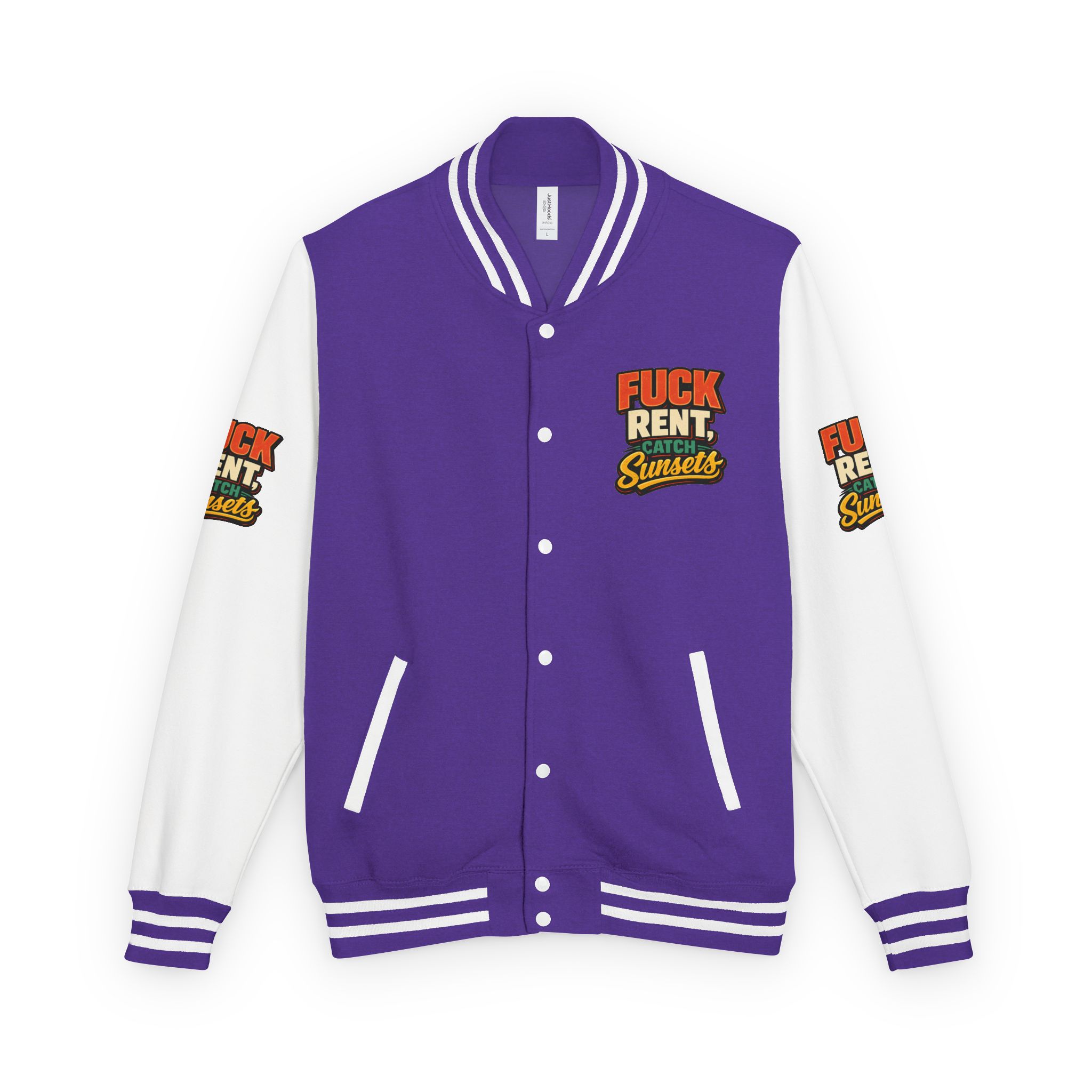 6182091300944179778_2048-2.jpeg Unisex Heavyweight Letterman Jacket — "Fuck Rent Catch Sunsets" Design F**K-Line