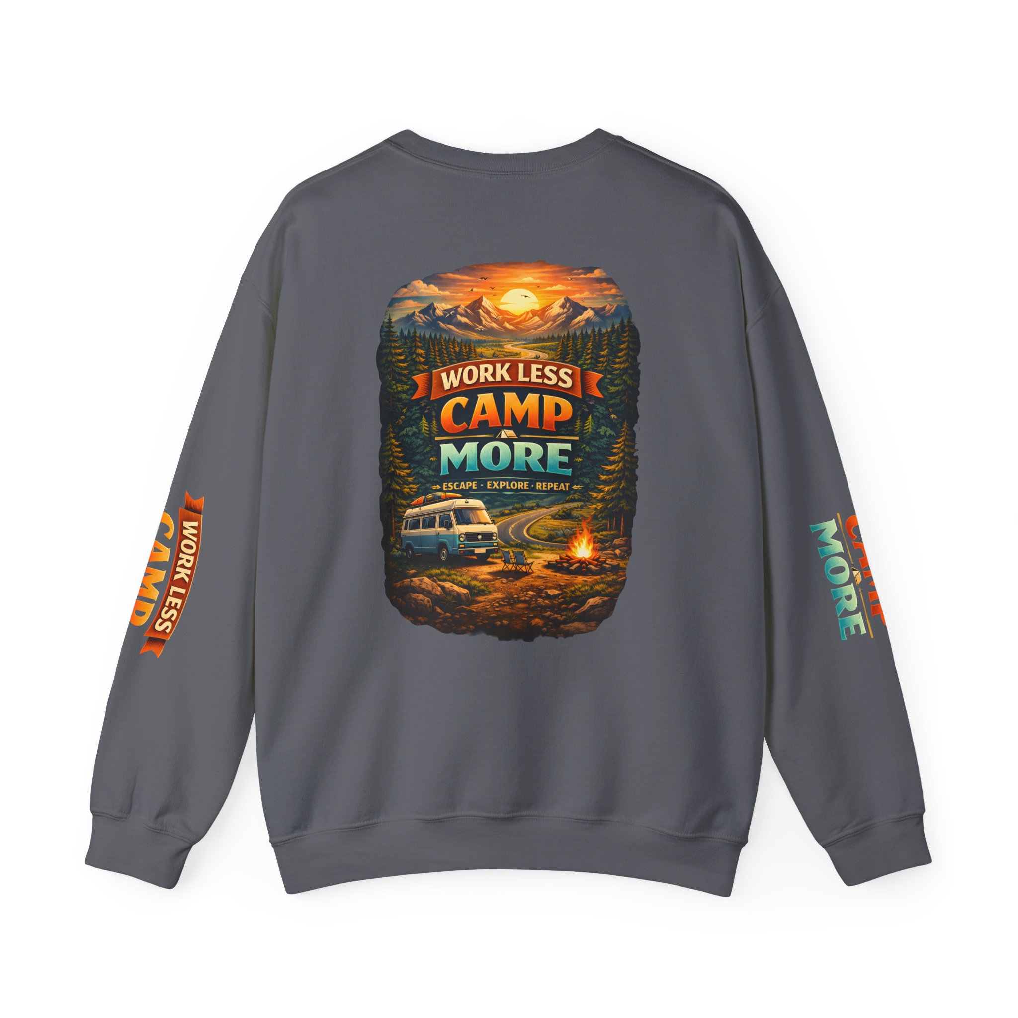 Unisex Heavy Blend™ Crewneck Sweatshirt — "Work Less-Camp More" Design Scenic-Line
