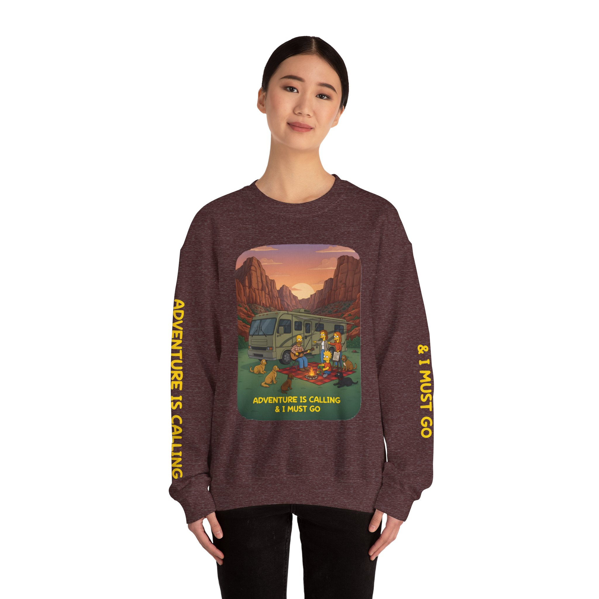 Unisex Heavy Blend™ Crewneck Sweatshirt — "Adventure Is Calling-I Must Go" Design Sitcom-Line