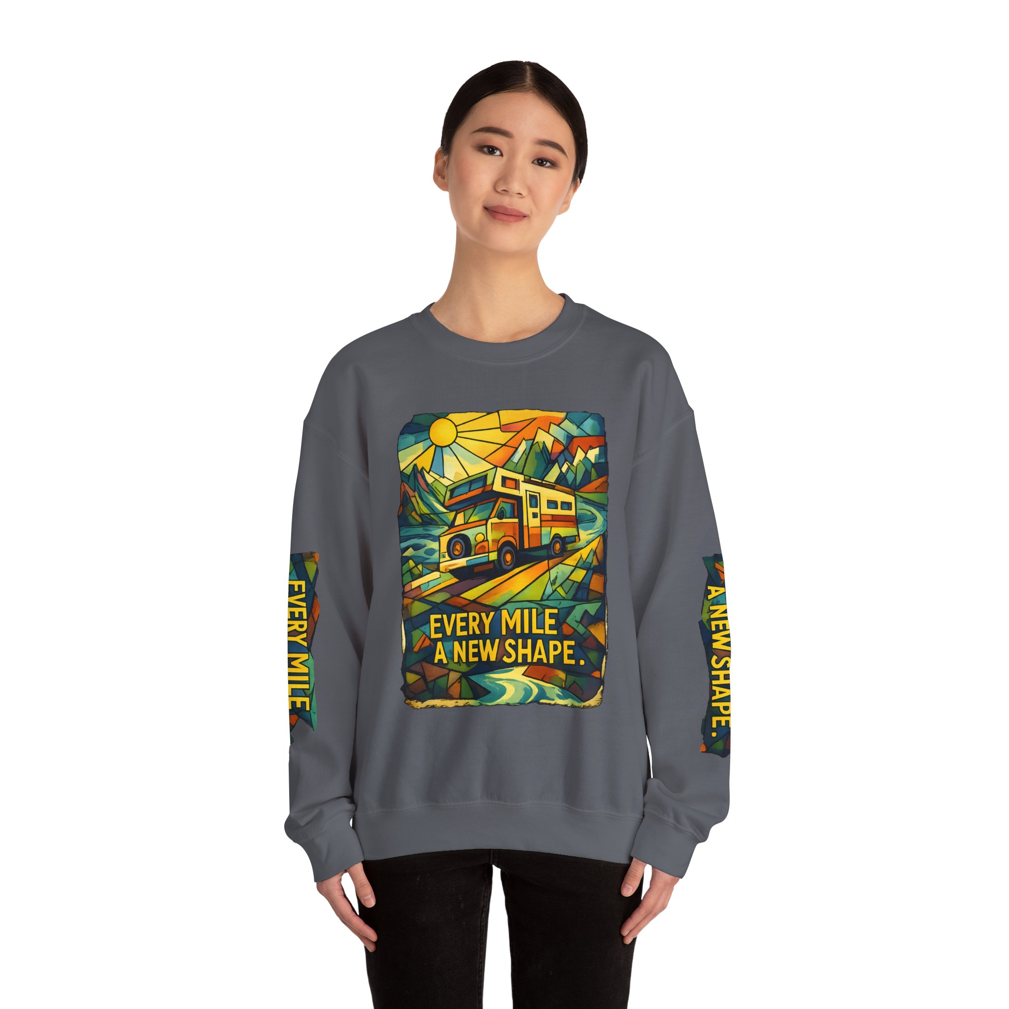 Unisex Heavy Blend™ Crewneck Sweatshirt — "Every Mile A New Shape" Design Cubic-Line