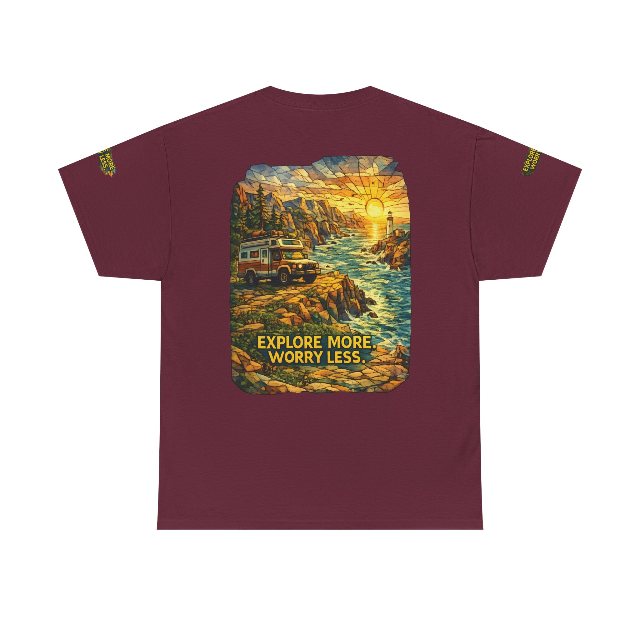 Unisex Heavy Cotton Tee — "Explore More Worry Less" Design Cubic-Line