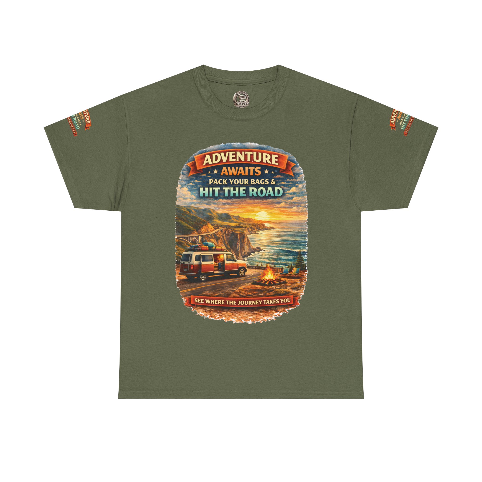 Unisex Heavy Cotton Tee — "Adventure Awaits-Pack Your Bags" Design Scenic-Line