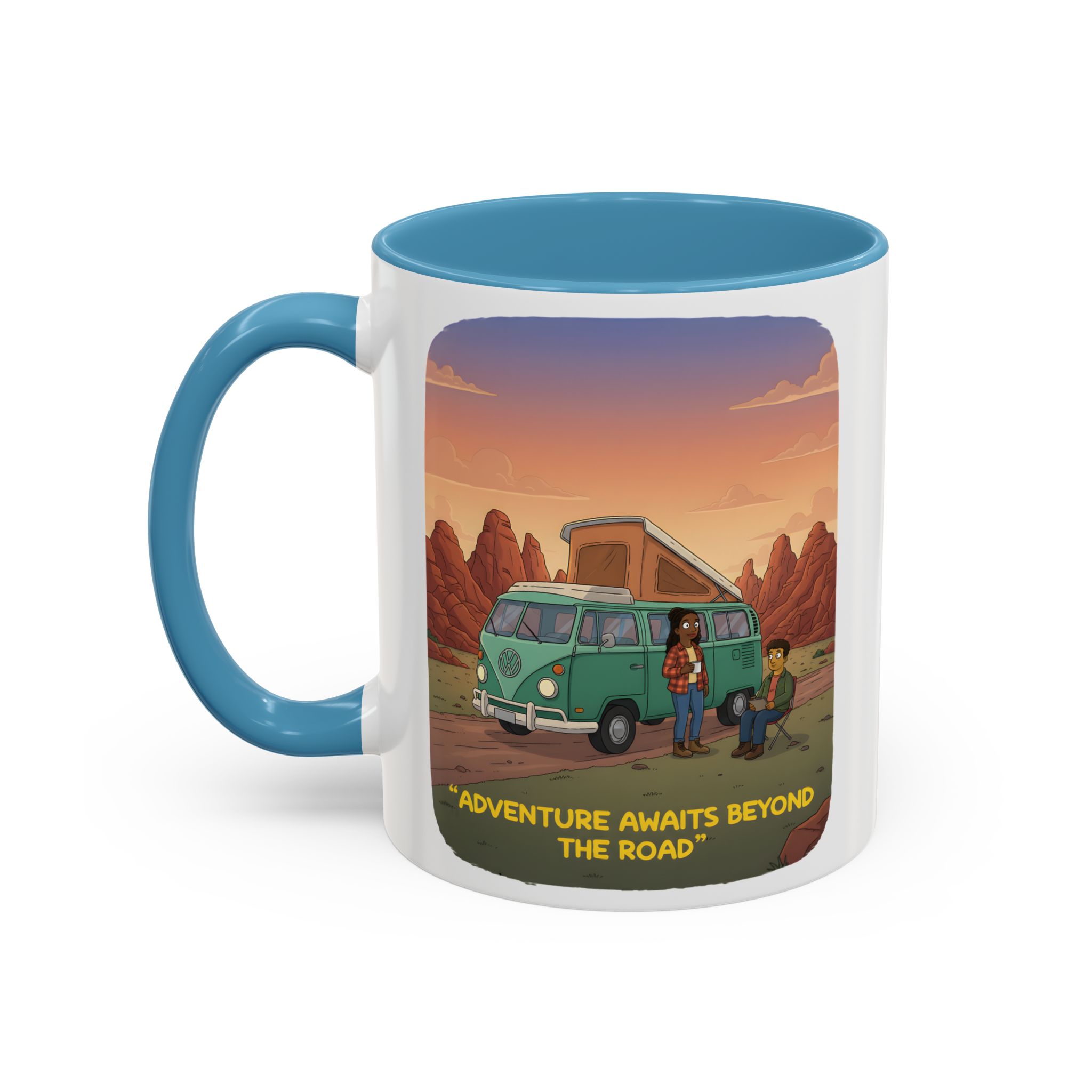 Accent Coffee Mug (11, 15oz) — "Adventure Awaits Beyond The Road" Design Sitcom-Line