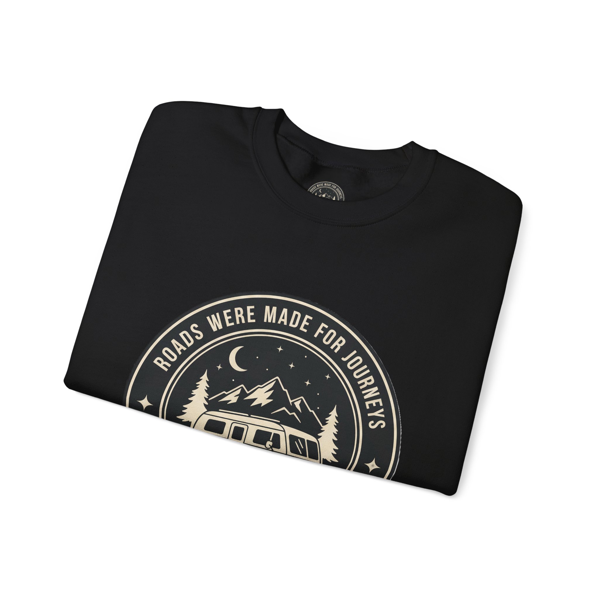 Crewneck Sweatshirt — "ROAD WHERE MADE FOR JOURNEYS-NOT DESTINATIONS" (Font + Back + Sleaves printed) Vintage Camper Van Outdoor Graphic