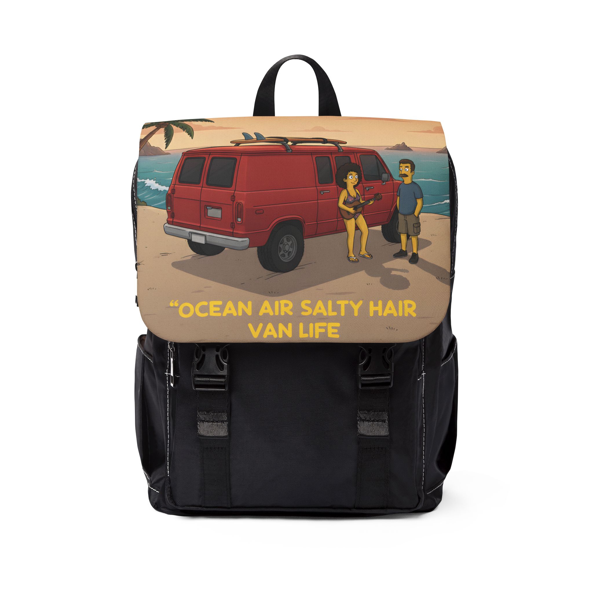 Unisex Casual Shoulder Backpack — "Ocean Air Salty Hair Van Life" Design Sitcom-Line