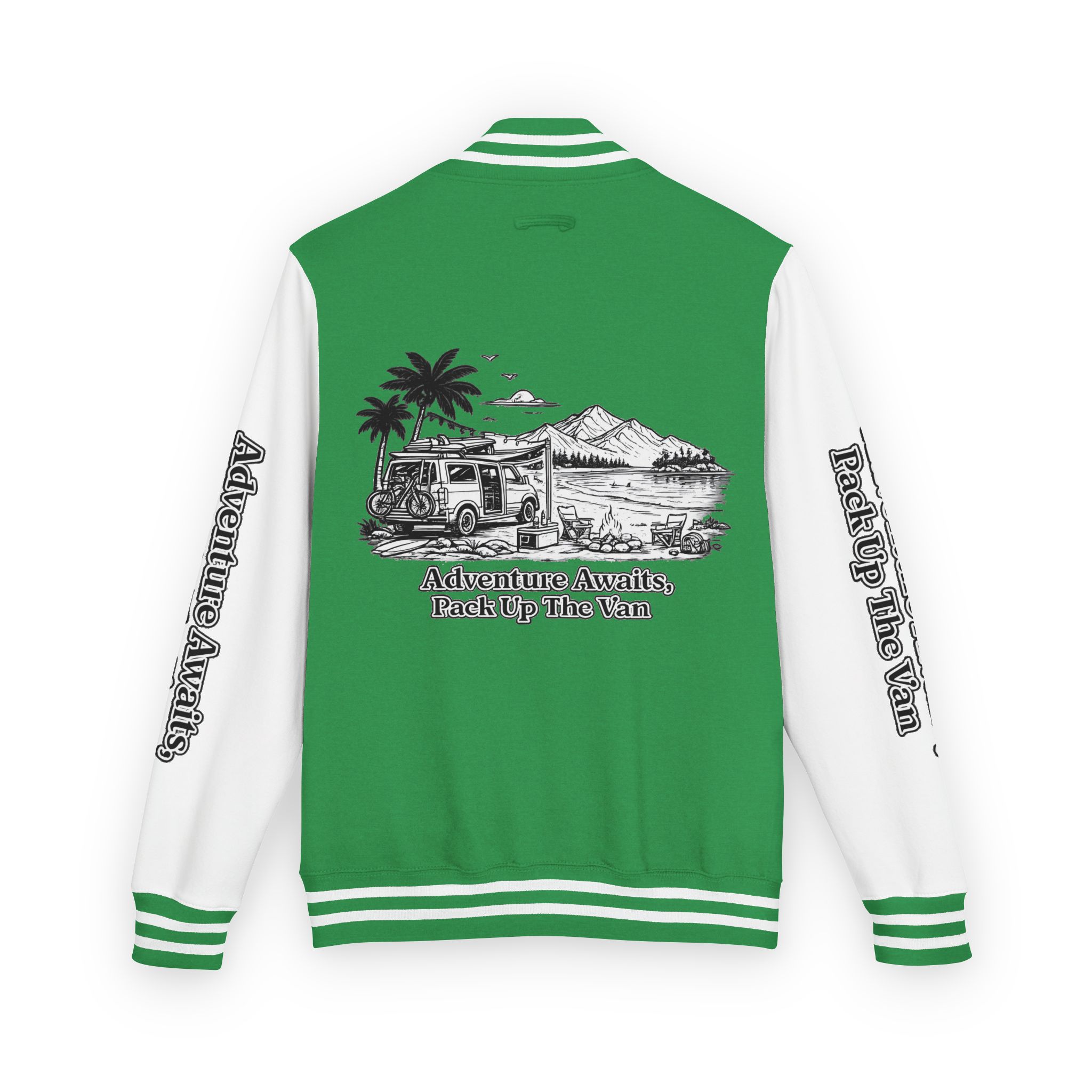 Unisex Heavyweight Letterman Jacket — "Adventure Awaits,Pack Up The Van" Travel Varsity Coat