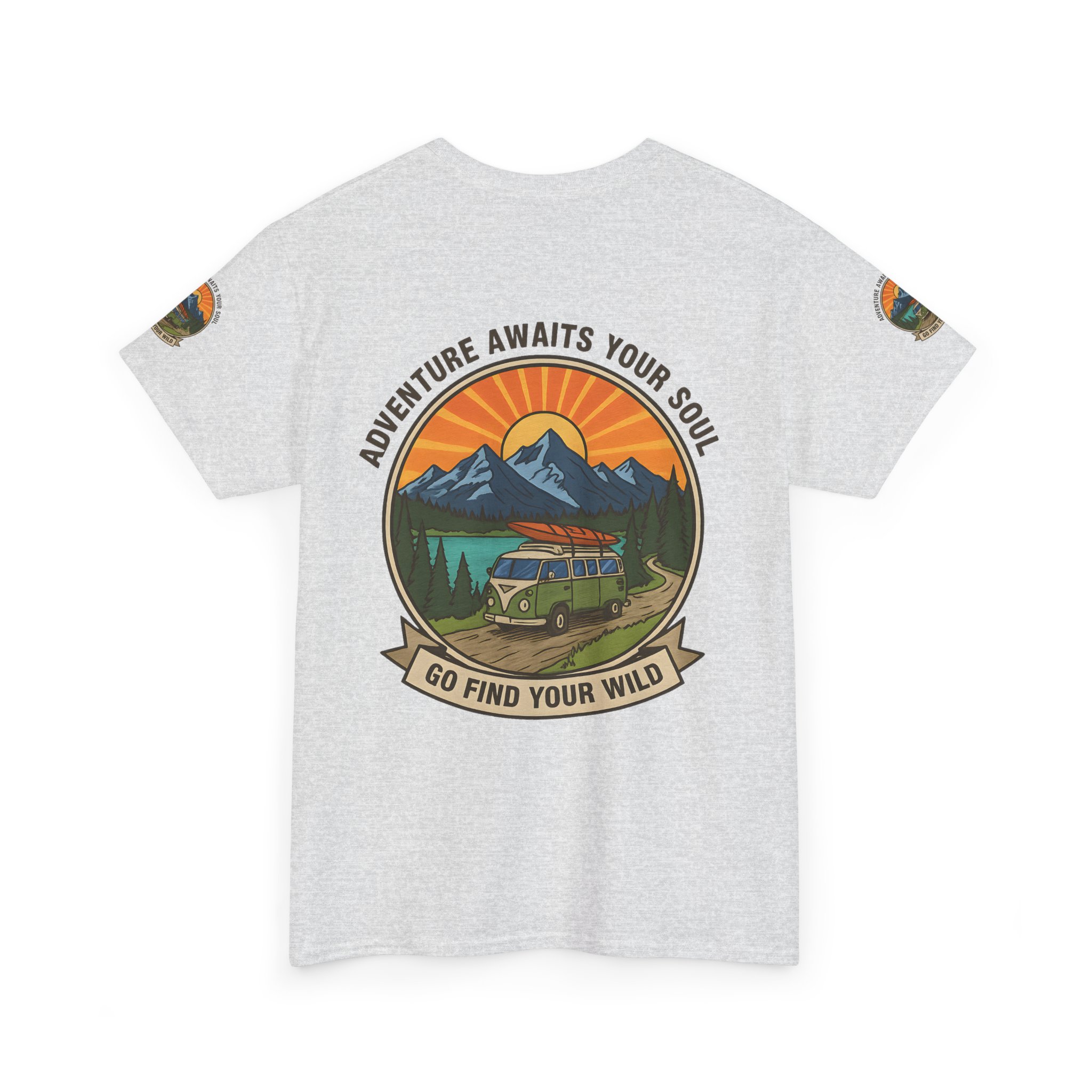 Unisex Heavy Cotton Tee — “Adventure Awaits Your Soul: Go Find Your Wild” Van & Mountain Graphic