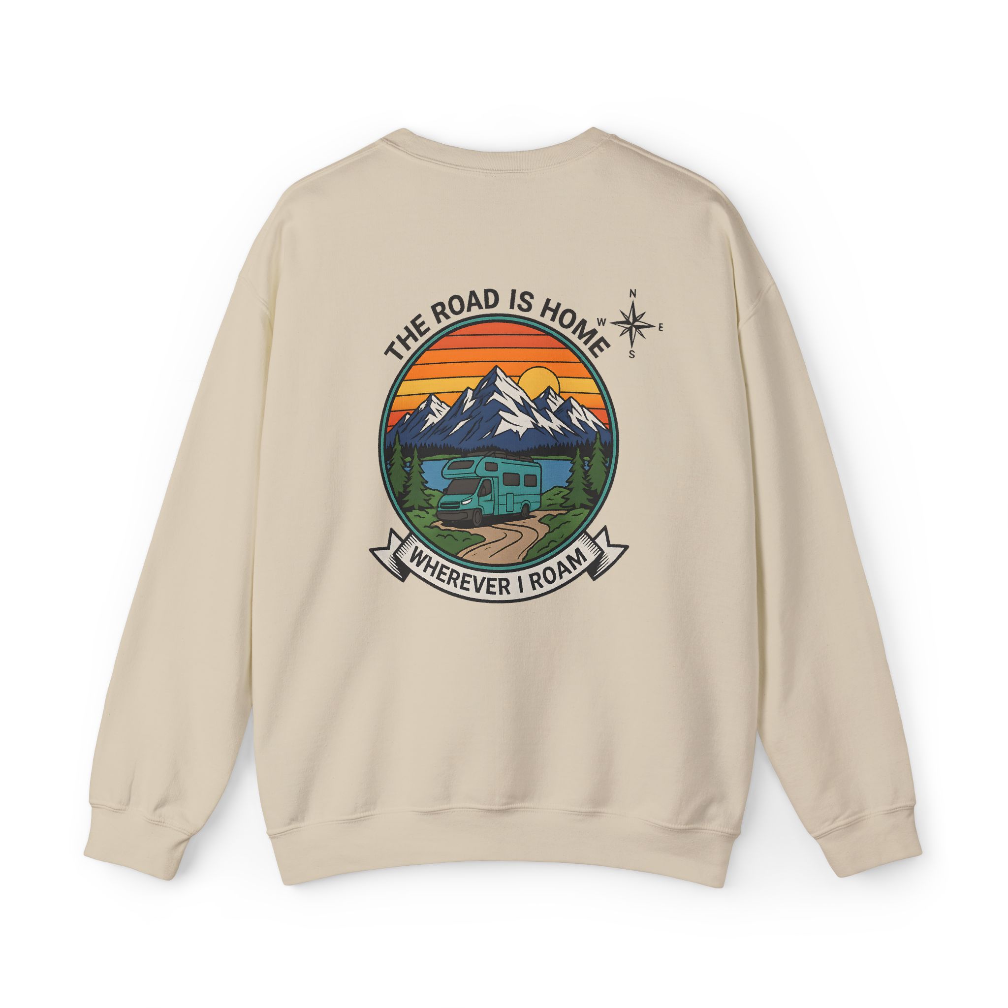 Crewneck Sweatshirt — "The Road Is Home" RV Camper Mountain Adventure