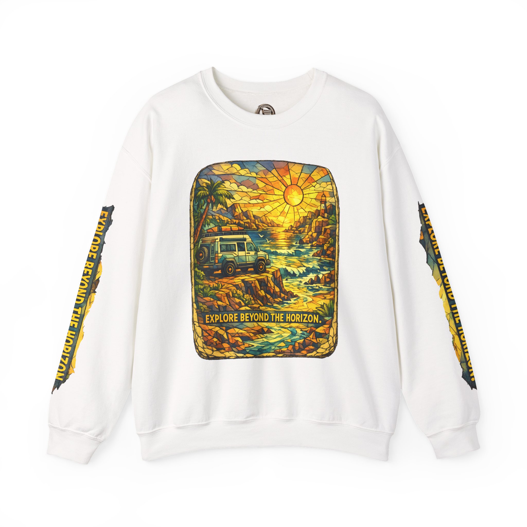 Unisex Heavy Blend™ Crewneck Sweatshirt — "Explore Beyond The Horizon" Design Cubic-Line