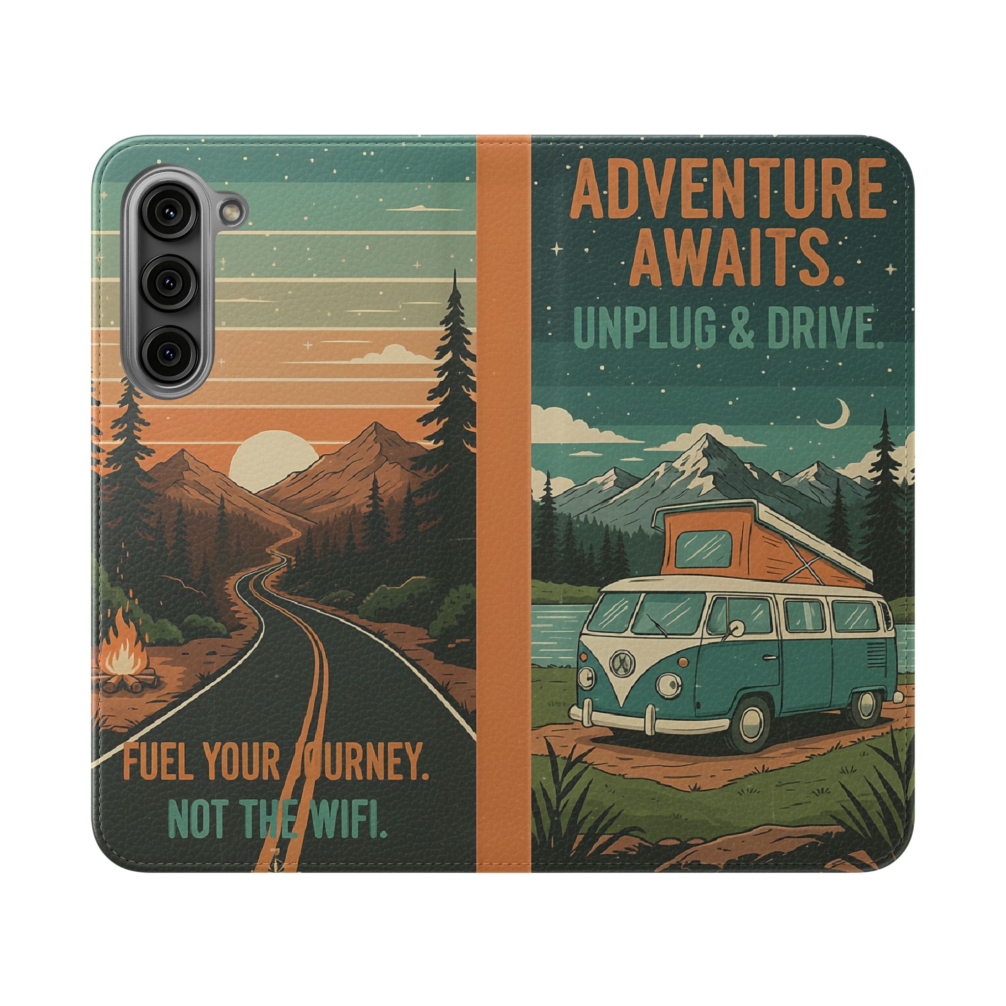 Flip Phone Case — "Adventure Awaits Unplug & Drive" Wallet Case