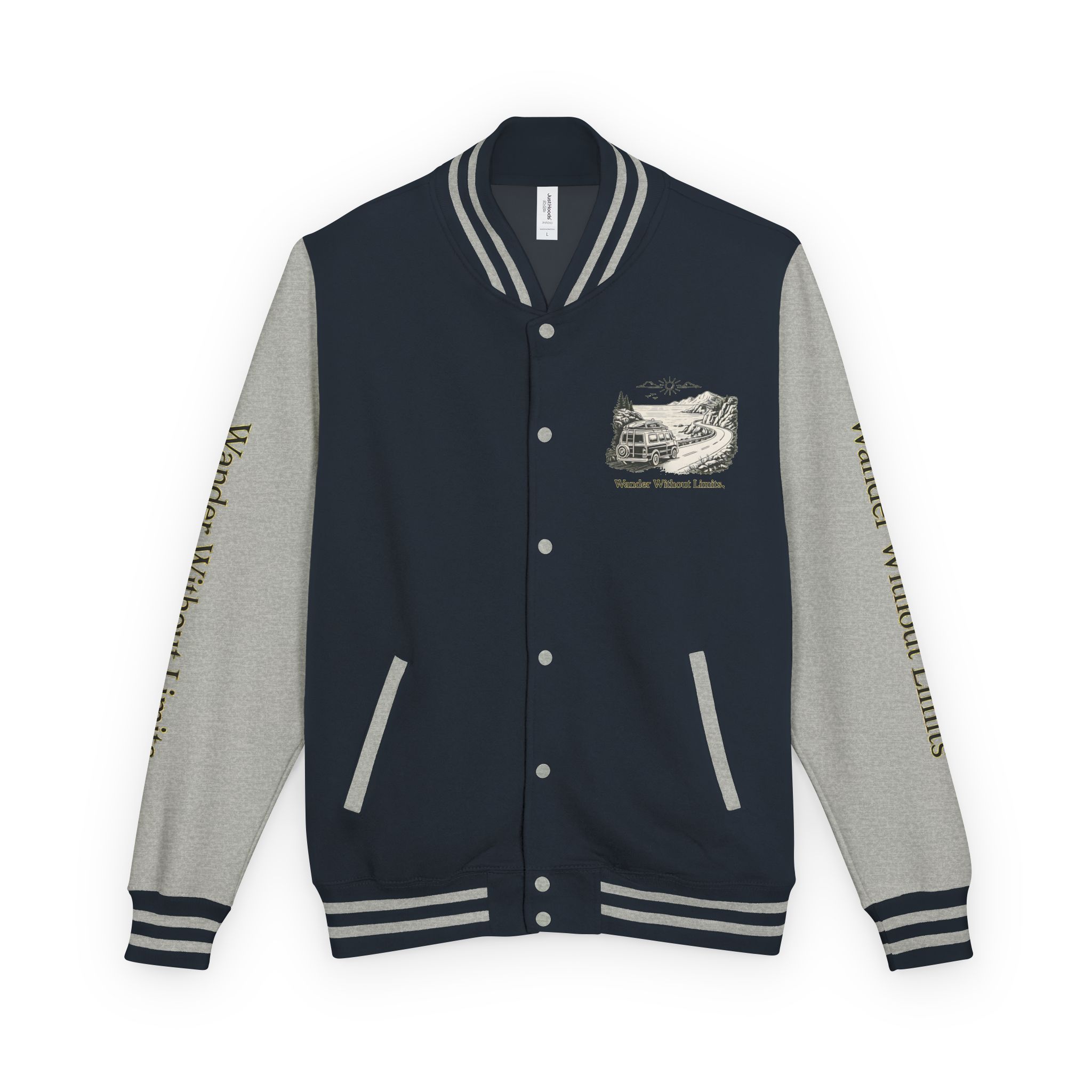 Unisex Heavyweight Letterman Jacket — "Wander Without Limits" Travel Varsity Coat