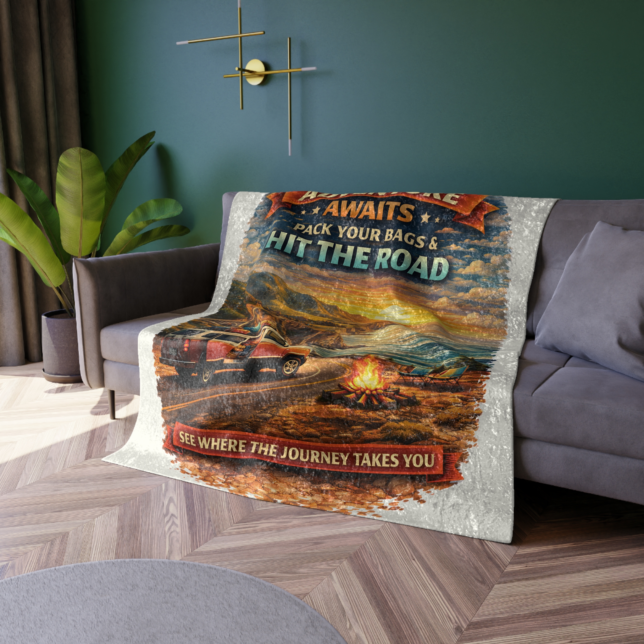 Crushed Velvet Blanket —"Adventure Awaits-Pack Your Bags" Design Scenic-Line (Campervan)