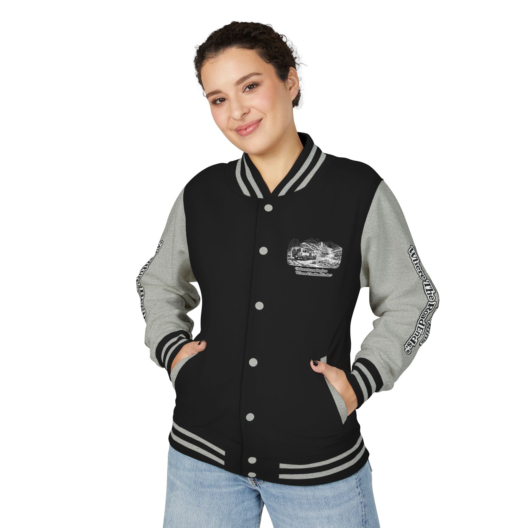 6293038895040516115_2048-1.jpeg Unisex Heavyweight Letterman Jacket — "Adventure Begins Where The Road Ends" Travel Varsity Coat