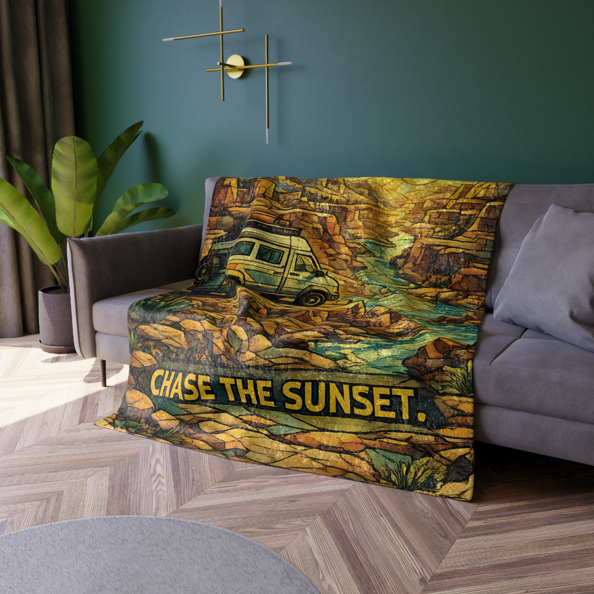 Crushed Velvet Blanket —"Chase The Sunset" Design Cubic-Line (Campervan)