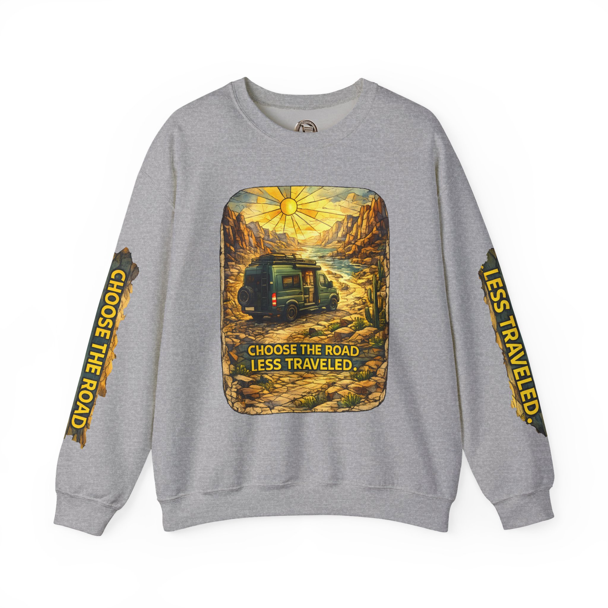 Unisex Heavy Blend™ Crewneck Sweatshirt — "Choose The Road Less Traveled" Design Cubic-Line