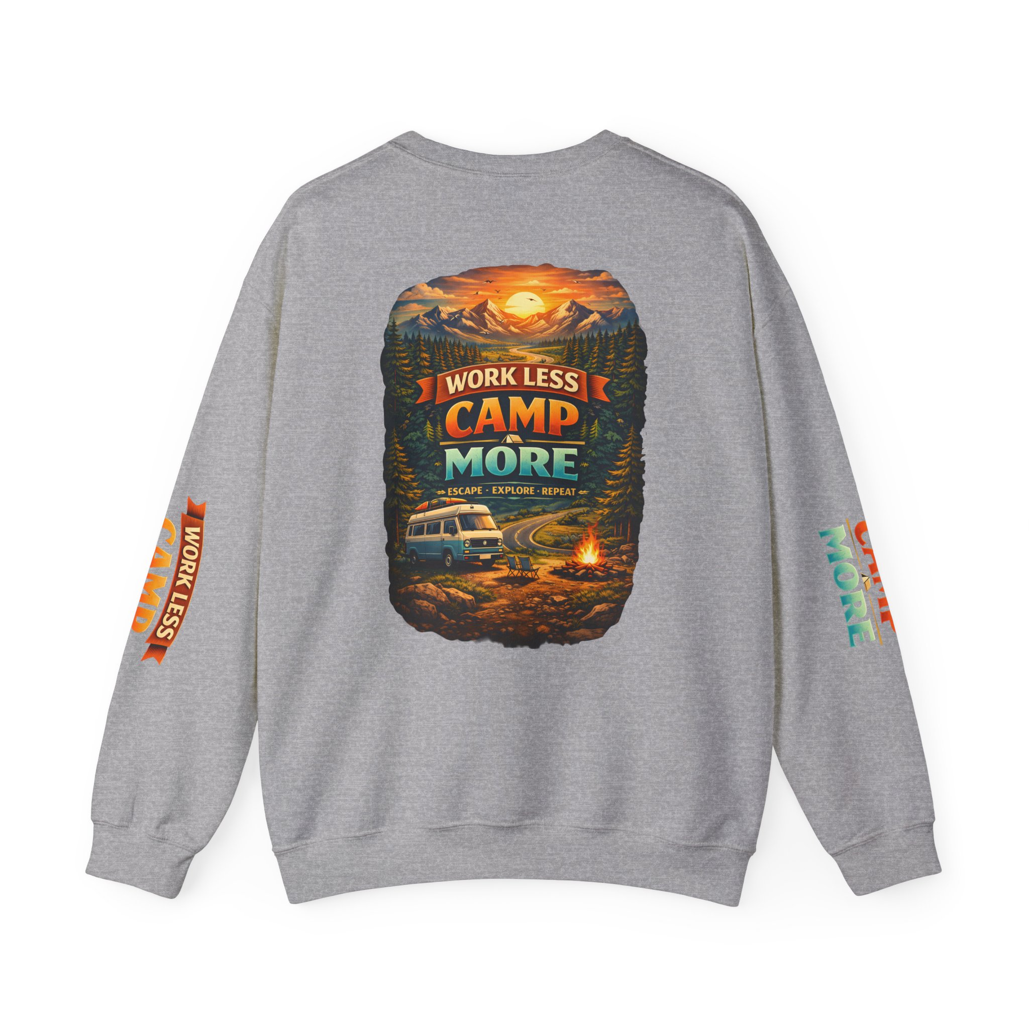 Unisex Heavy Blend™ Crewneck Sweatshirt — "Work Less-Camp More" Design Scenic-Line