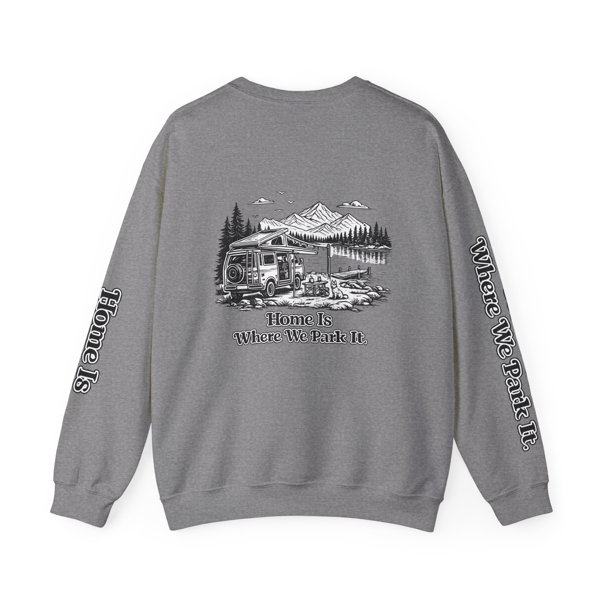Unisex Heavy Blend™ Crewneck Sweatshirt — "Home Is Where You Park It" Design Minimal-Line
