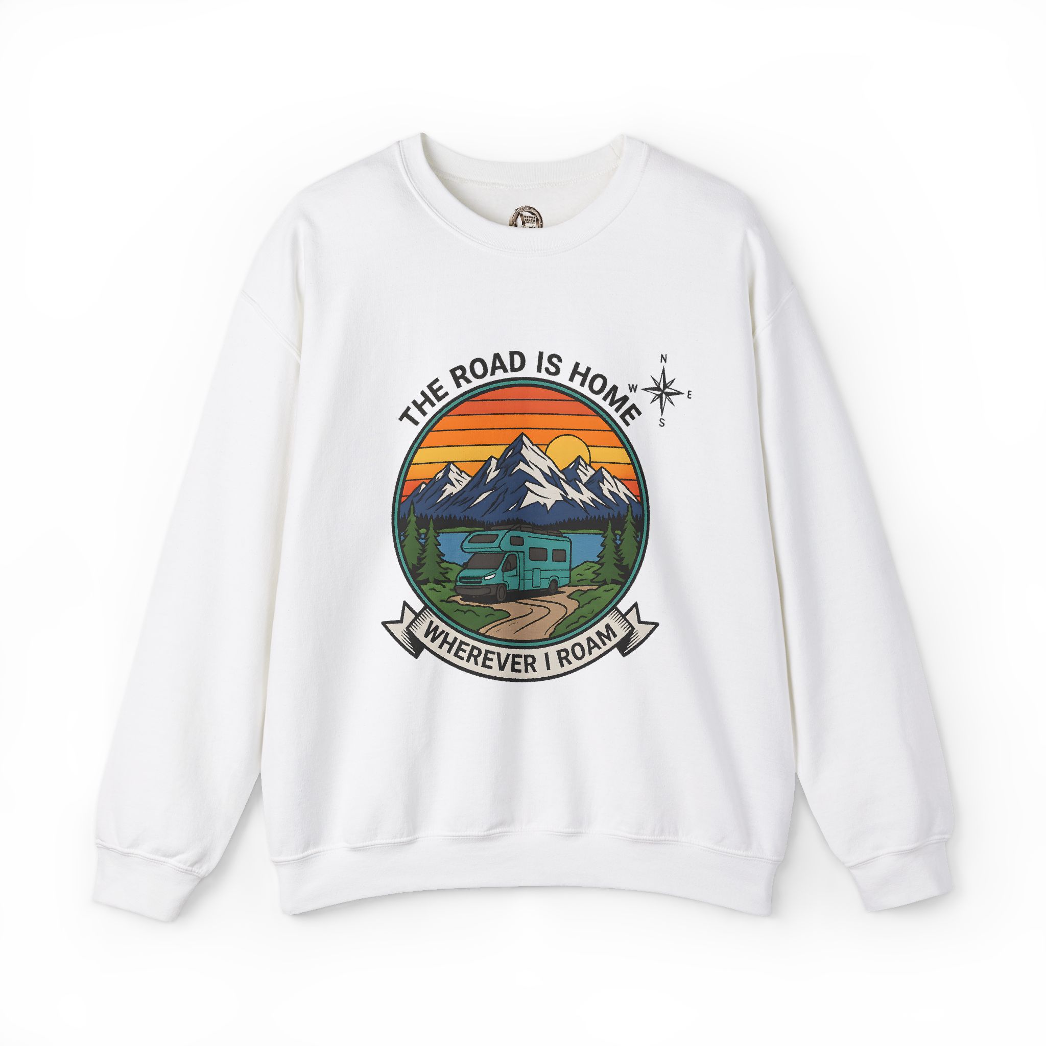 Crewneck Sweatshirt — "The Road Is Home" RV Camper Mountain Adventure