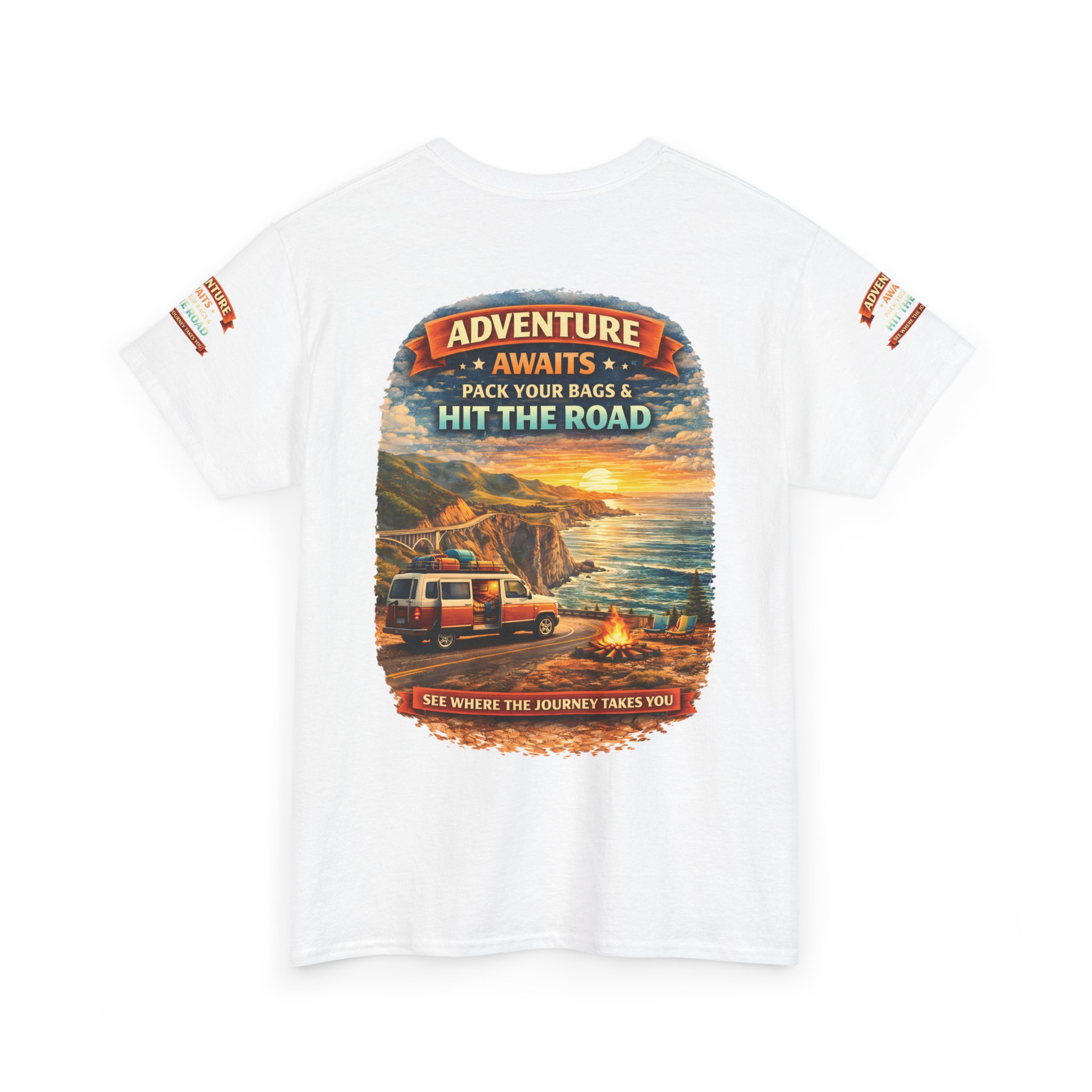 Unisex Heavy Cotton Tee — "Adventure Awaits-Pack Your Bags" Design Scenic-Line