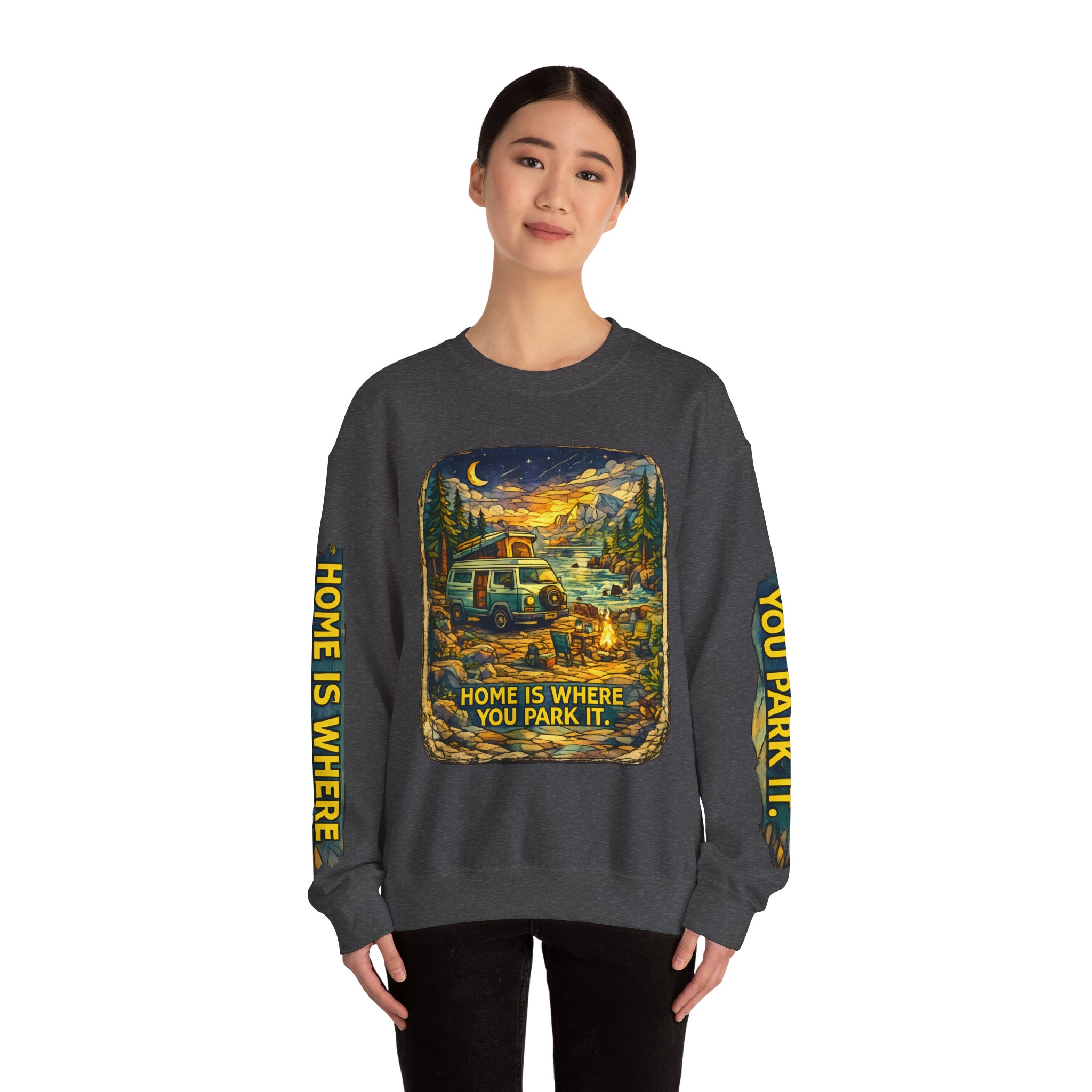 Unisex Heavy Blend™ Crewneck Sweatshirt — "Home Is Where You Park It" Design Cubic-Line