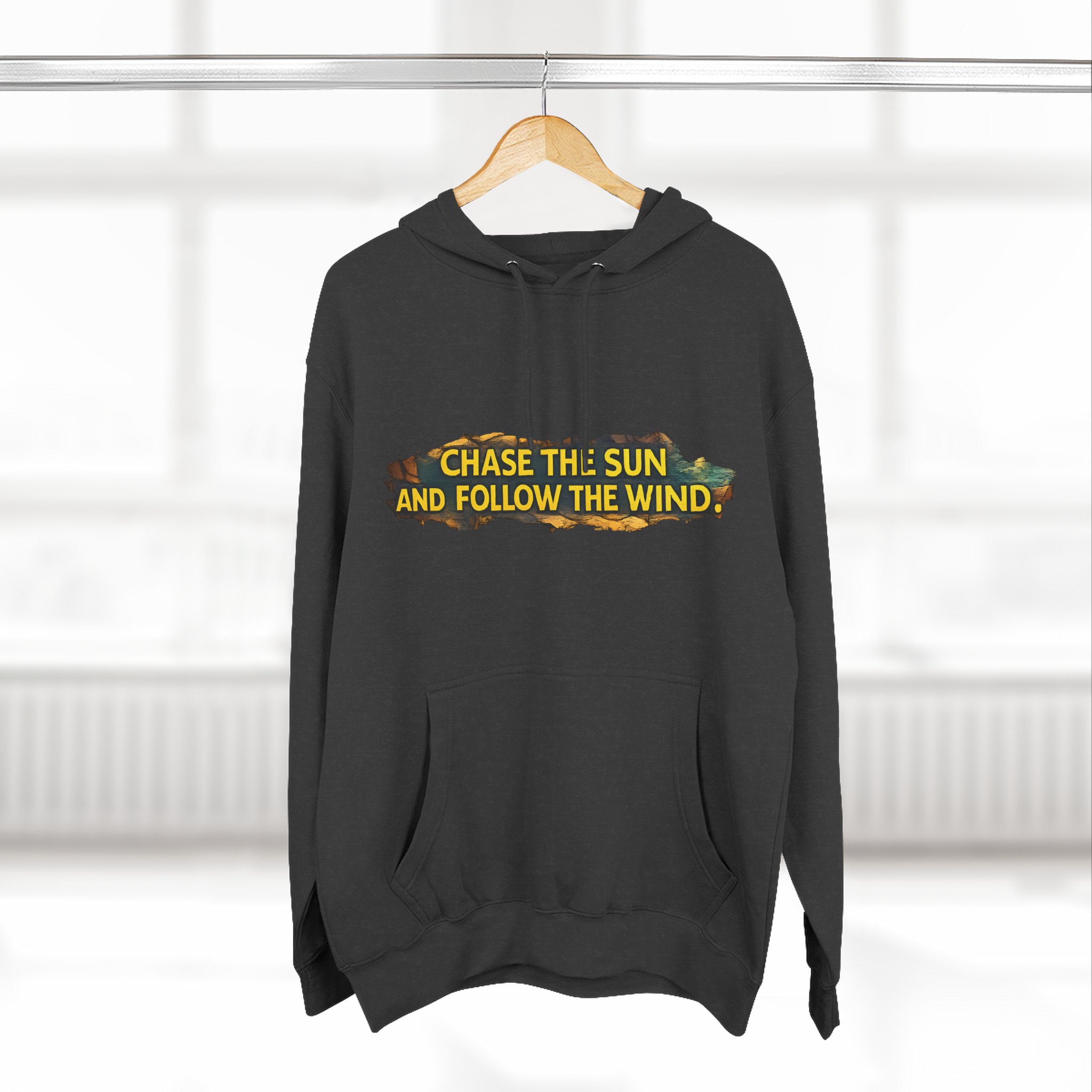 Three-Panel Fleece Hoodie - "Chase The Sun And Follow The Wind" Design Cubic-Line