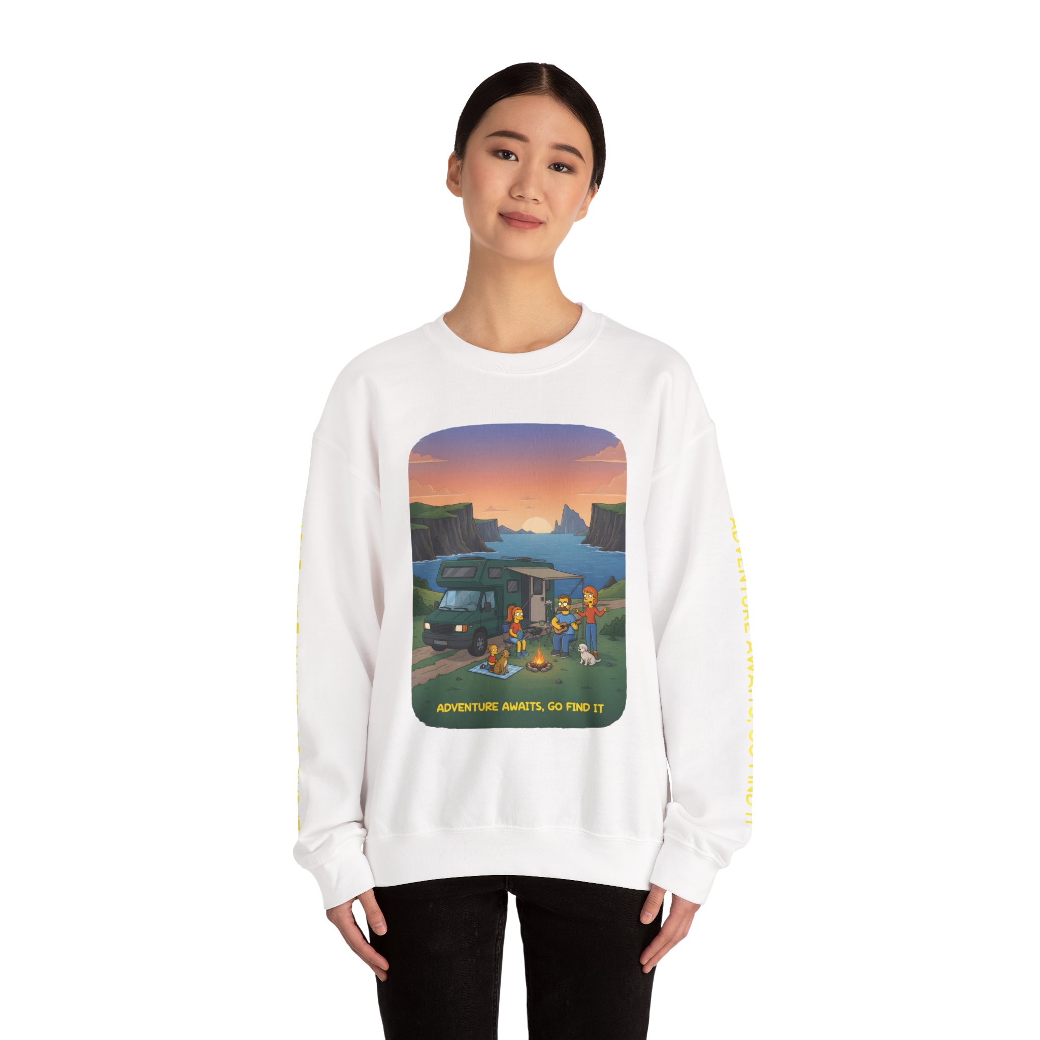 Unisex Heavy Blend™ Crewneck Sweatshirt — "Adventure Awaits-Go Find It"" Design Sitcom-Line