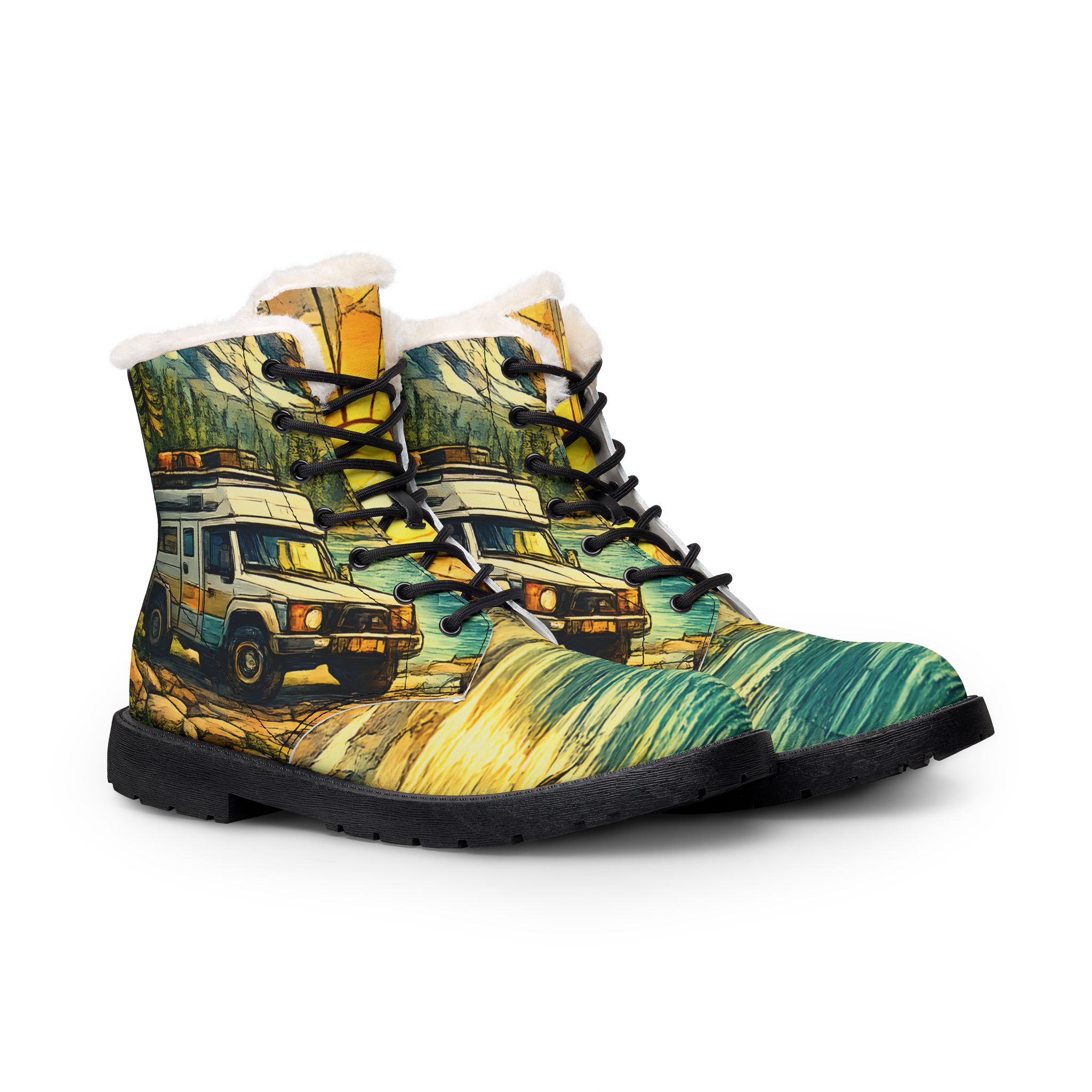 Women's Fur and Leather Boots — Women's Vintage camper Boots (Cubic-Line)