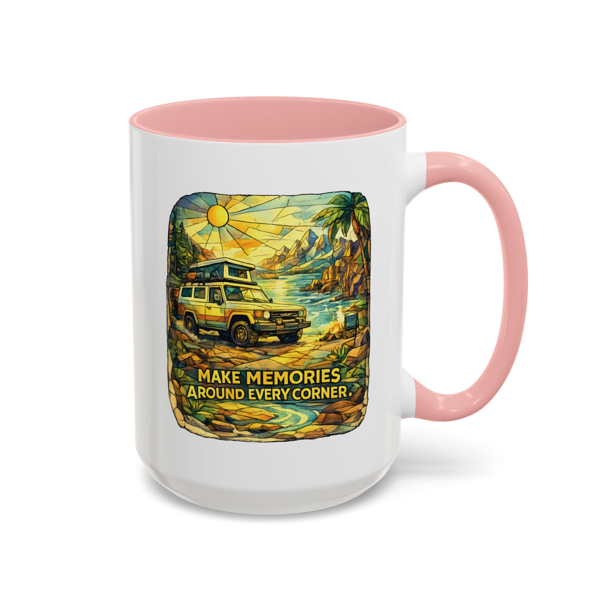 Accent Coffee Mug (11, 15oz) — "Make Memories Around Every Corner" Design Cubic-Line