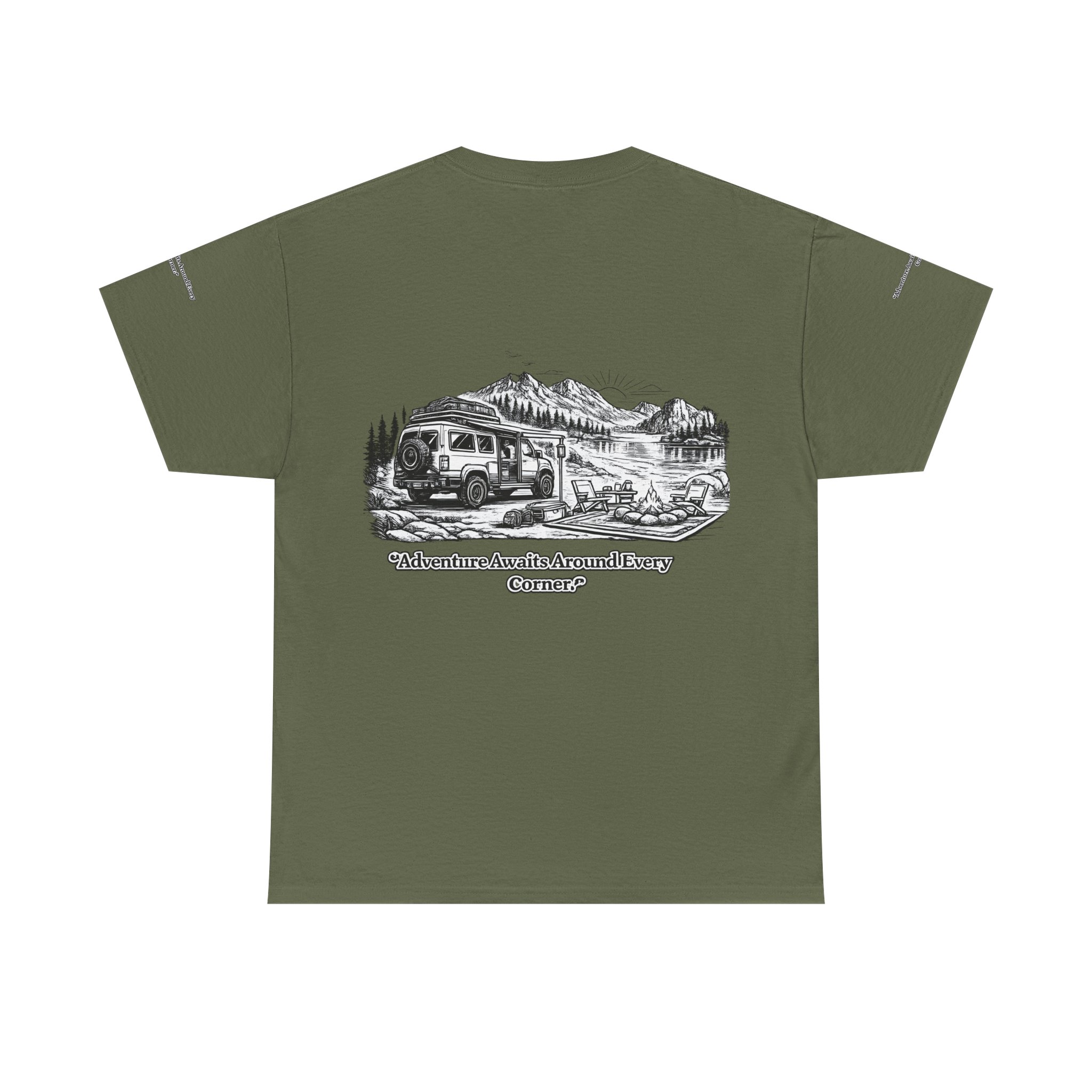 Unisex Heavy Cotton Tee — "Adventure Awaits Around Every Corner" Design Minimal-Line