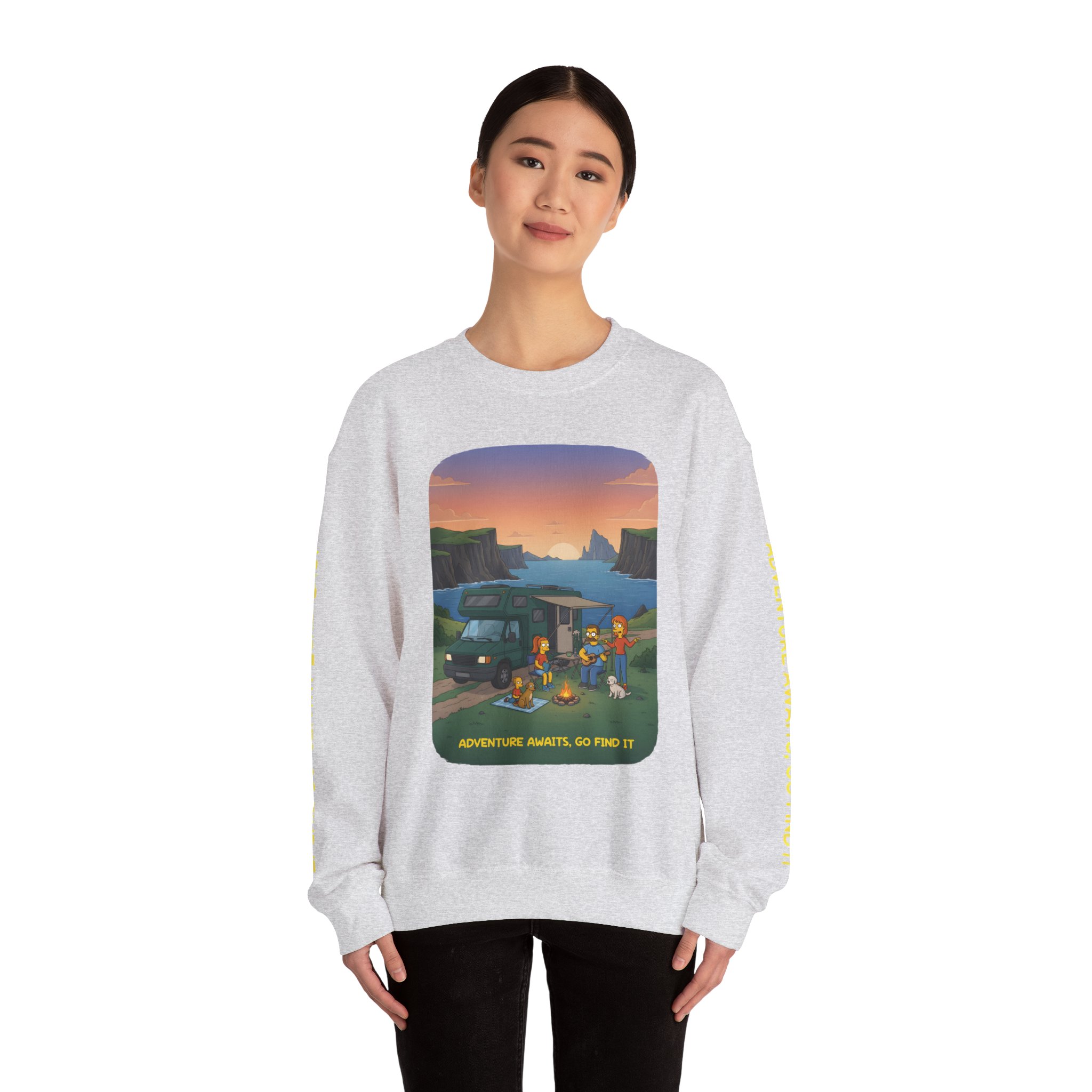 Unisex Heavy Blend™ Crewneck Sweatshirt — "Adventure Awaits-Go Find It"" Design Sitcom-Line