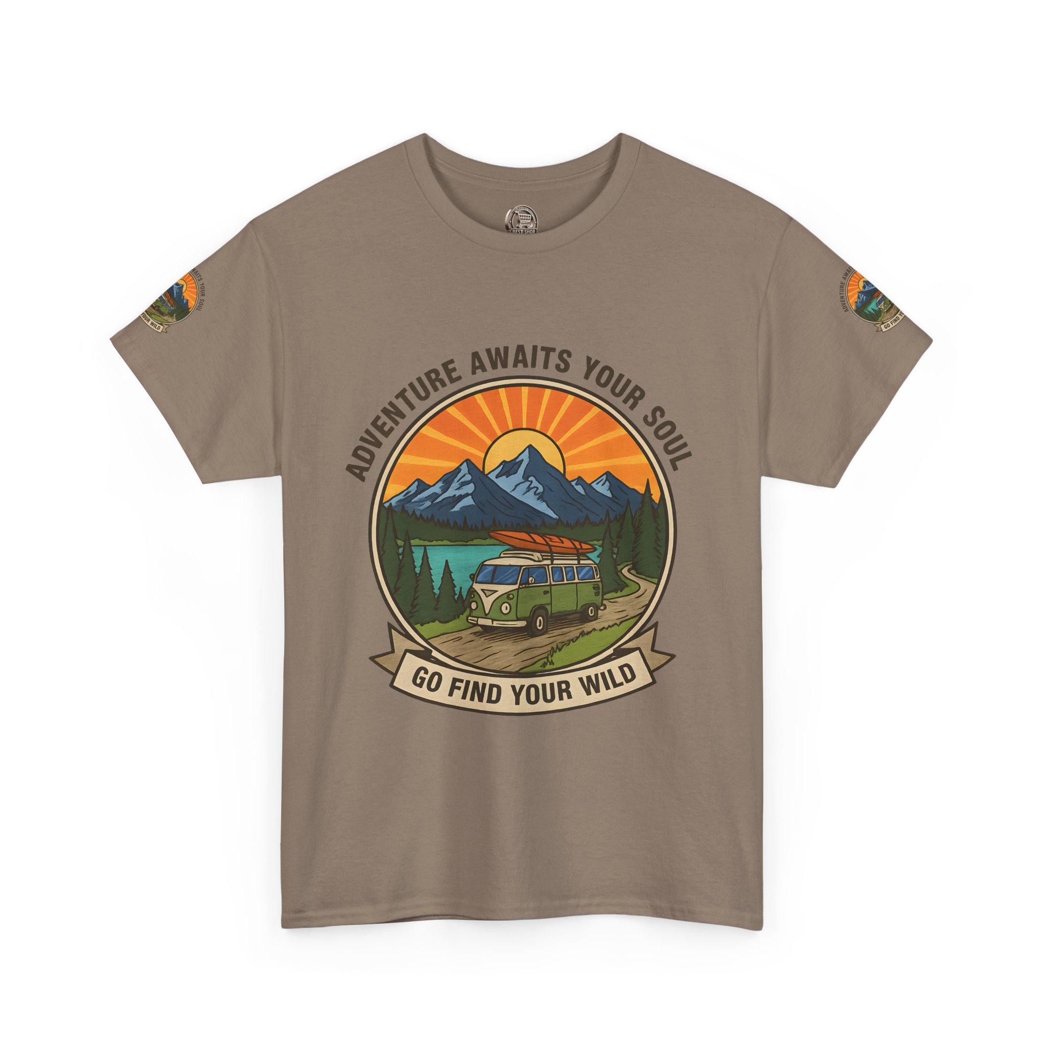 Unisex Heavy Cotton Tee — “Adventure Awaits Your Soul: Go Find Your Wild” Van & Mountain Graphic