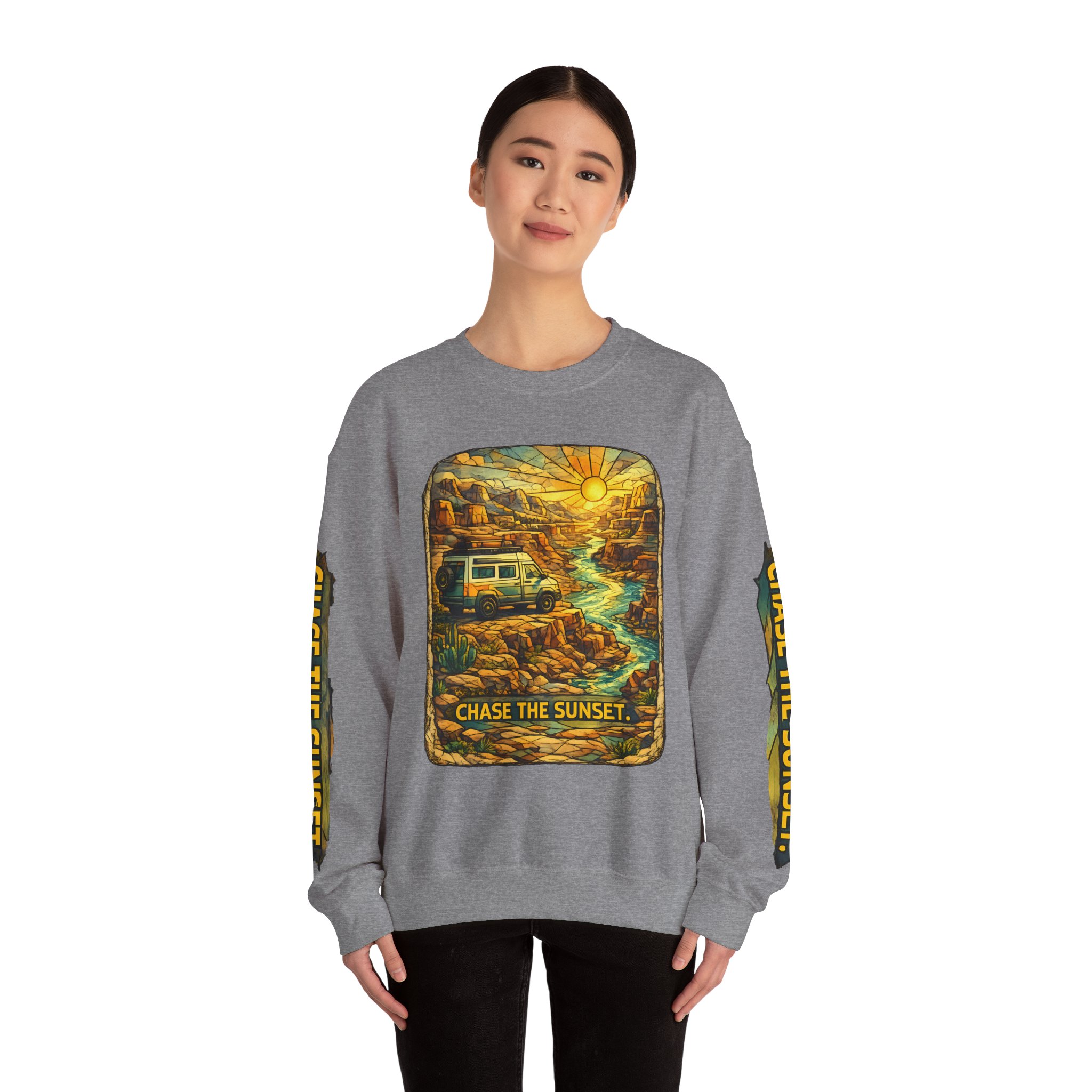 Unisex Heavy Blend™ Crewneck Sweatshirt — "Chase The Sunset" Design Cubic-Line