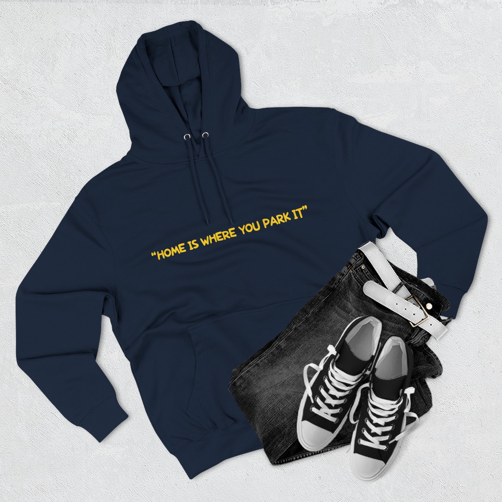 Three-Panel Fleece Hoodie - "Home Is Where You Park It" Design Sitcom-Line