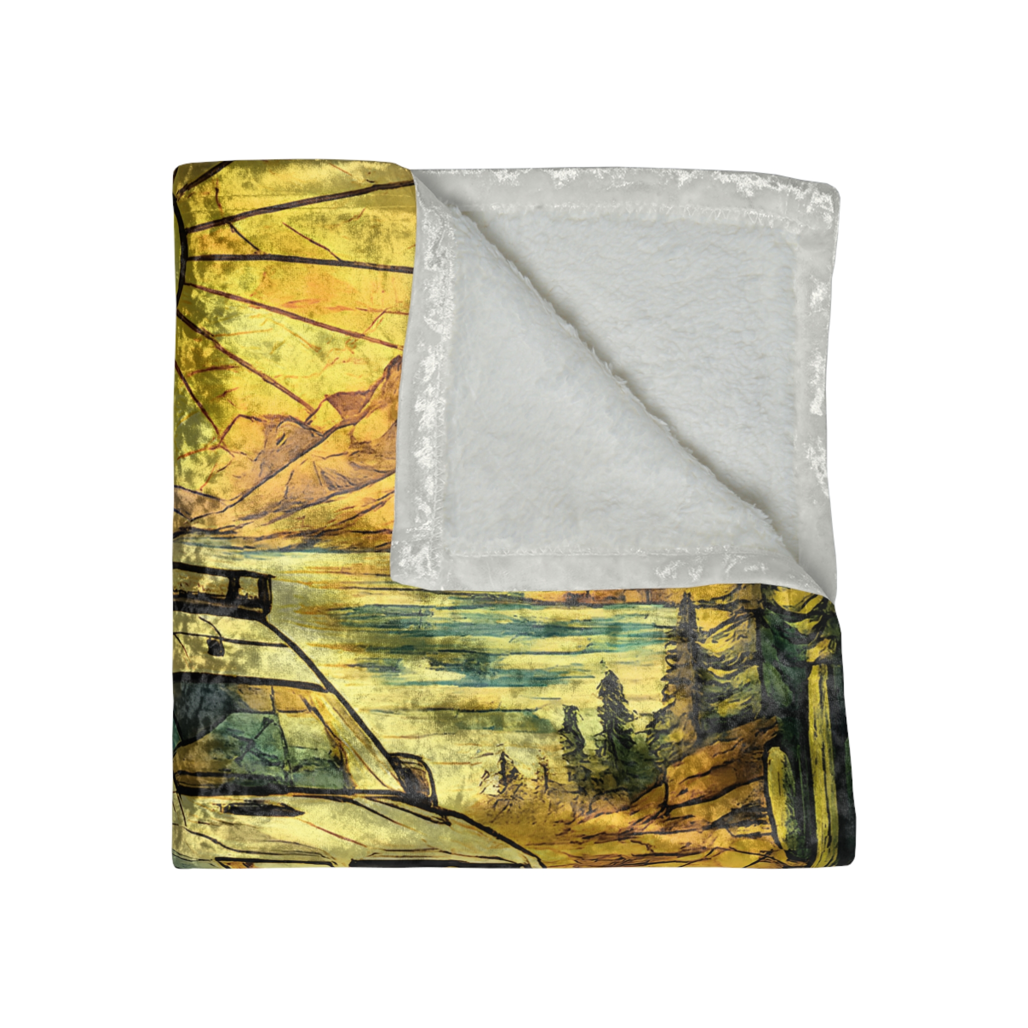 Crushed Velvet Blanket —"Chase The Sun And Follow The Wind" Design Cubic-Line(Campervan)