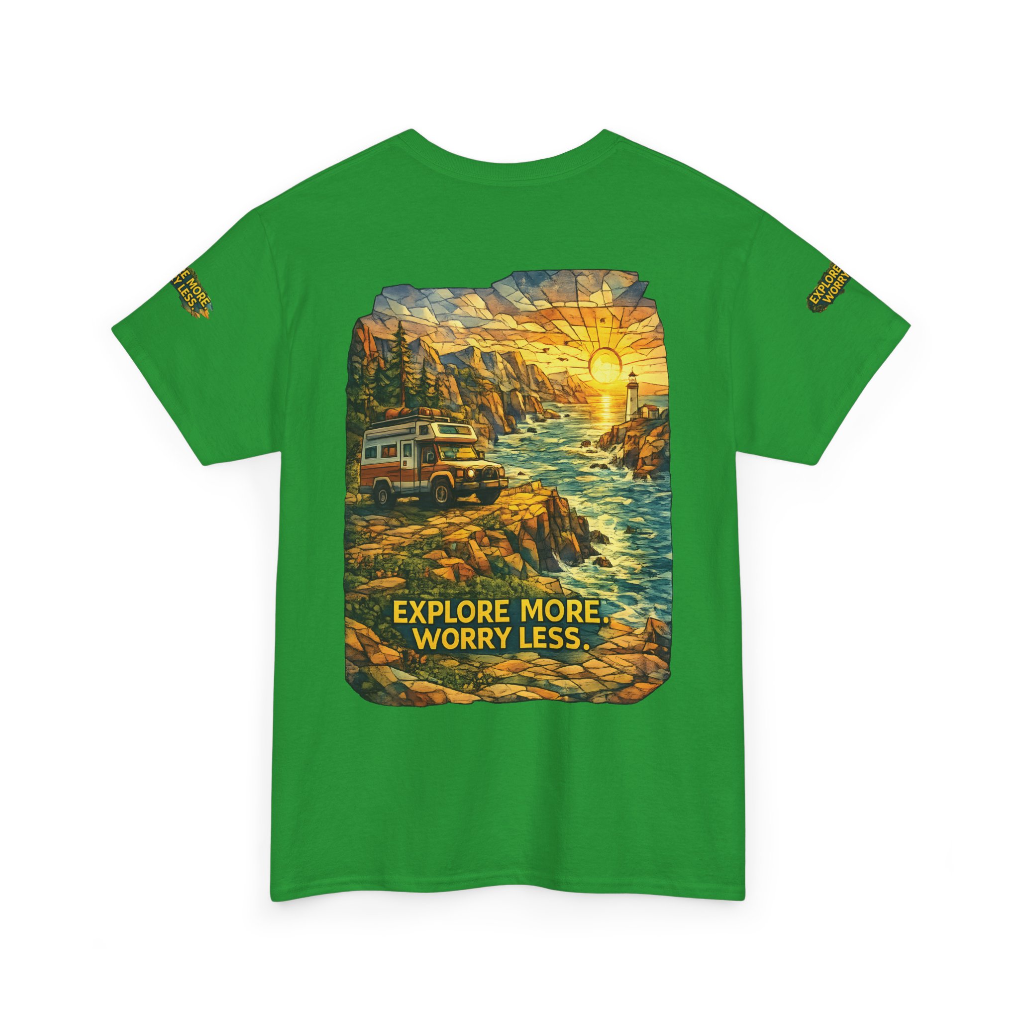 Unisex Heavy Cotton Tee — "Explore More Worry Less" Design Cubic-Line