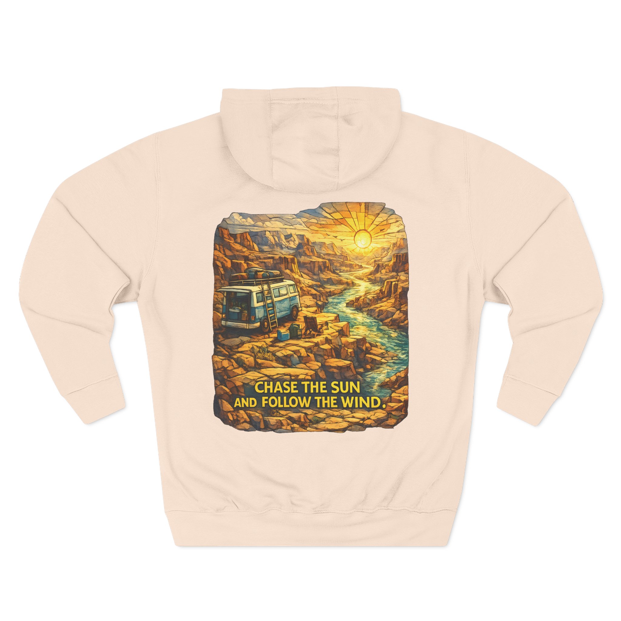 Three-Panel Fleece Hoodie - "Chase The Sun And Follow The Wind" Design Cubic-Line