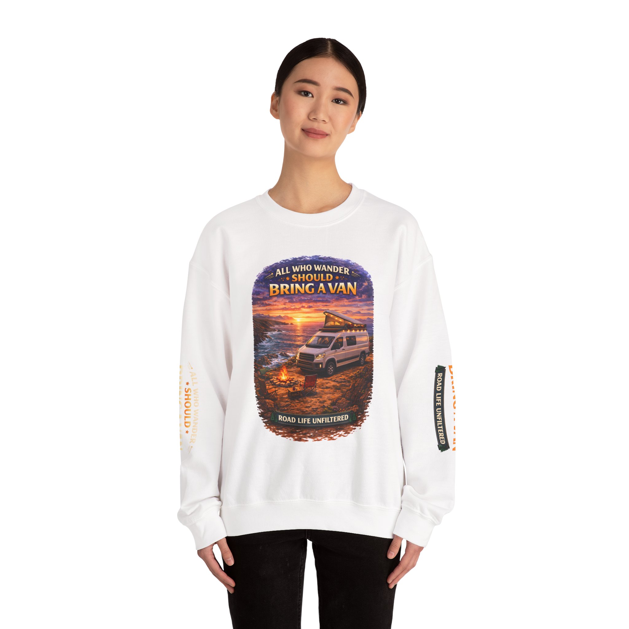 Unisex Heavy Blend™ Crewneck Sweatshirt — "All Who wander Should Bring A Van" Design Scenic-Line