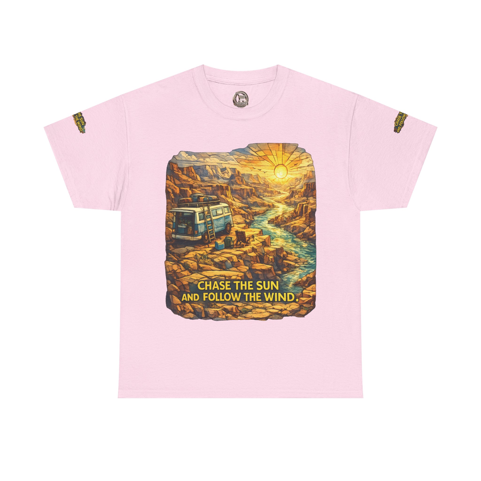 6435357327206302713_2048.jpeg Unisex Heavy Cotton Tee — "Chase The Sun And Follow The Wind" Design Cubic-Line