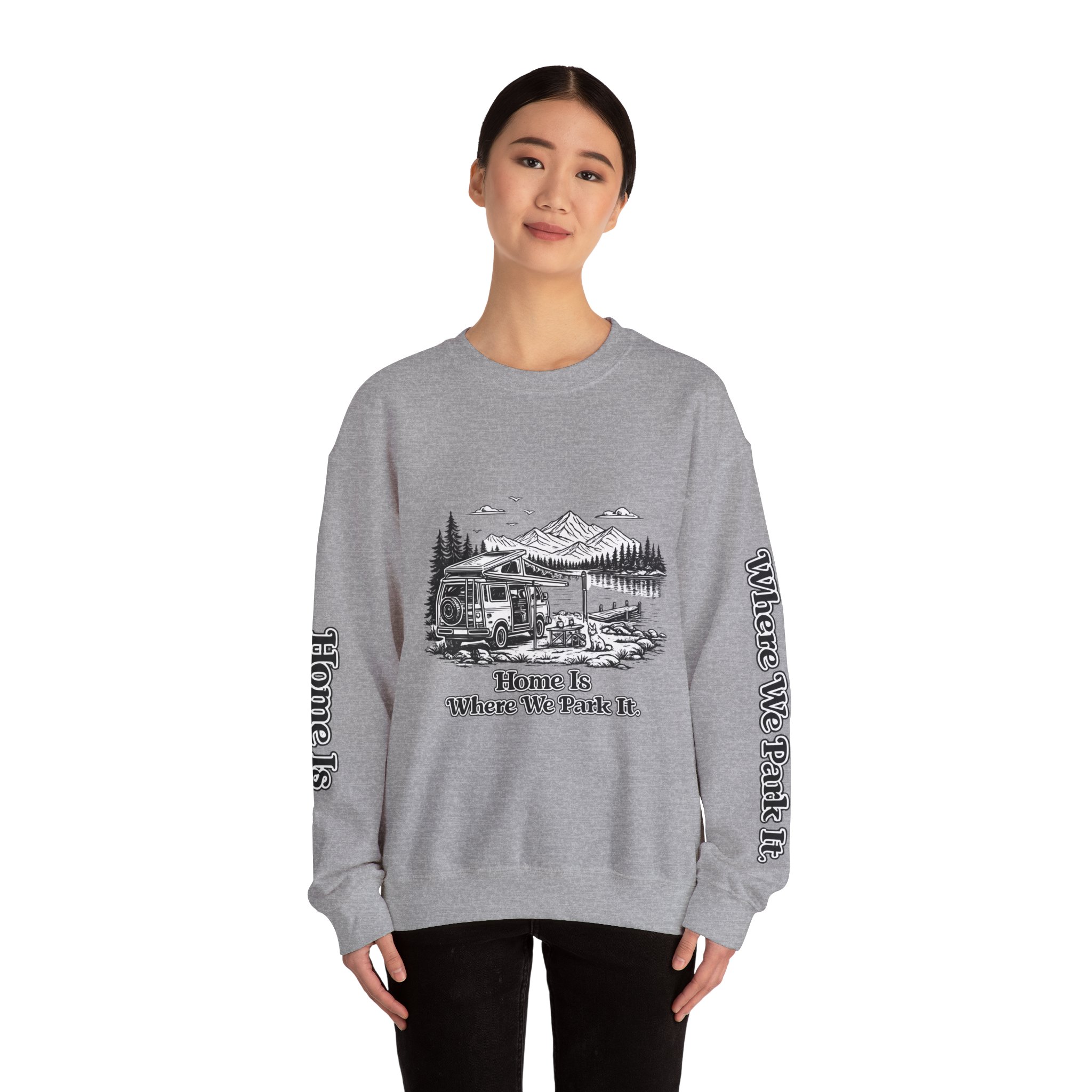 Unisex Heavy Blend™ Crewneck Sweatshirt — "Home Is Where You Park It" Design Minimal-Line