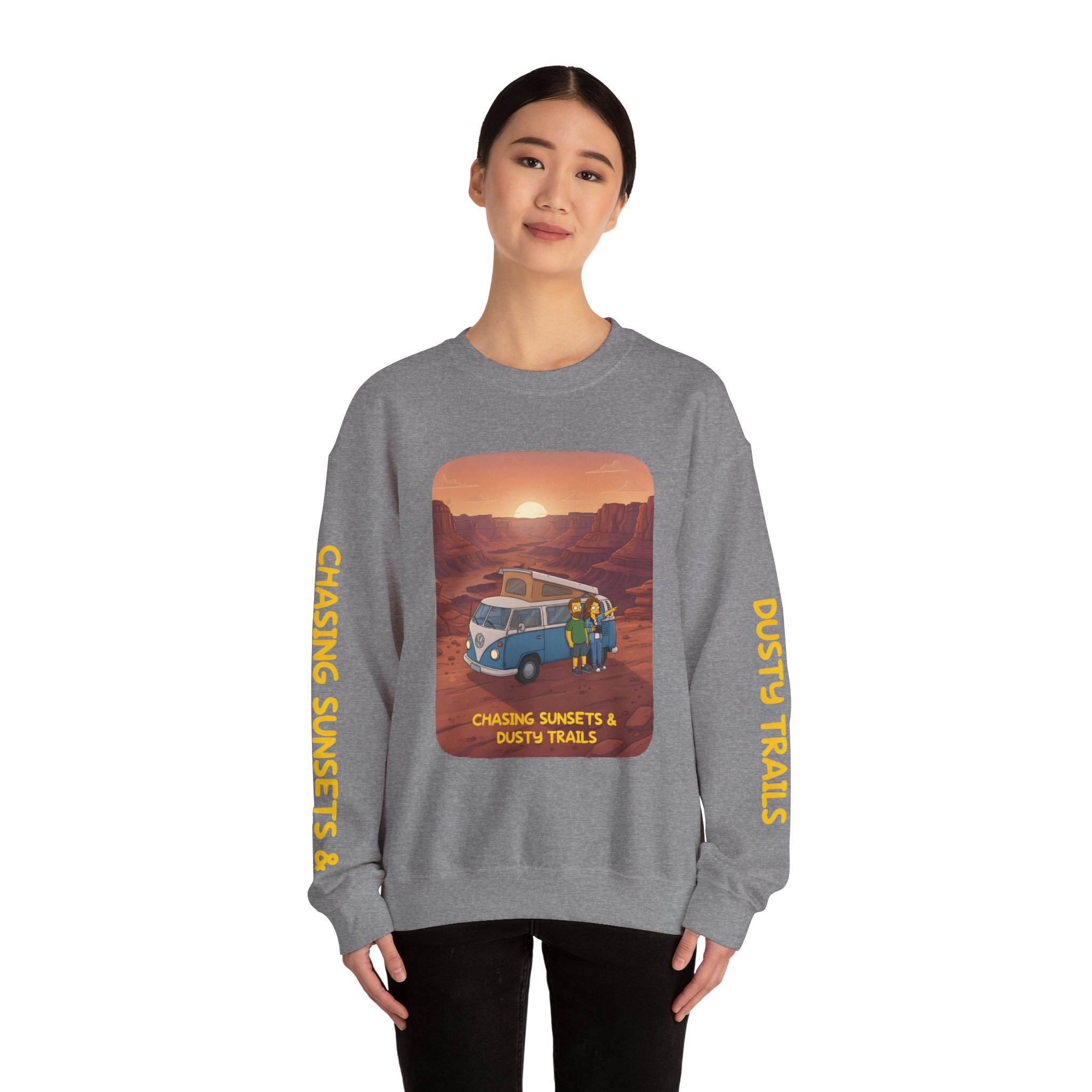 Unisex Heavy Blend™ Crewneck Sweatshirt — "Chasing Sunsets And Dusty Trails" Design Sitcom-Line