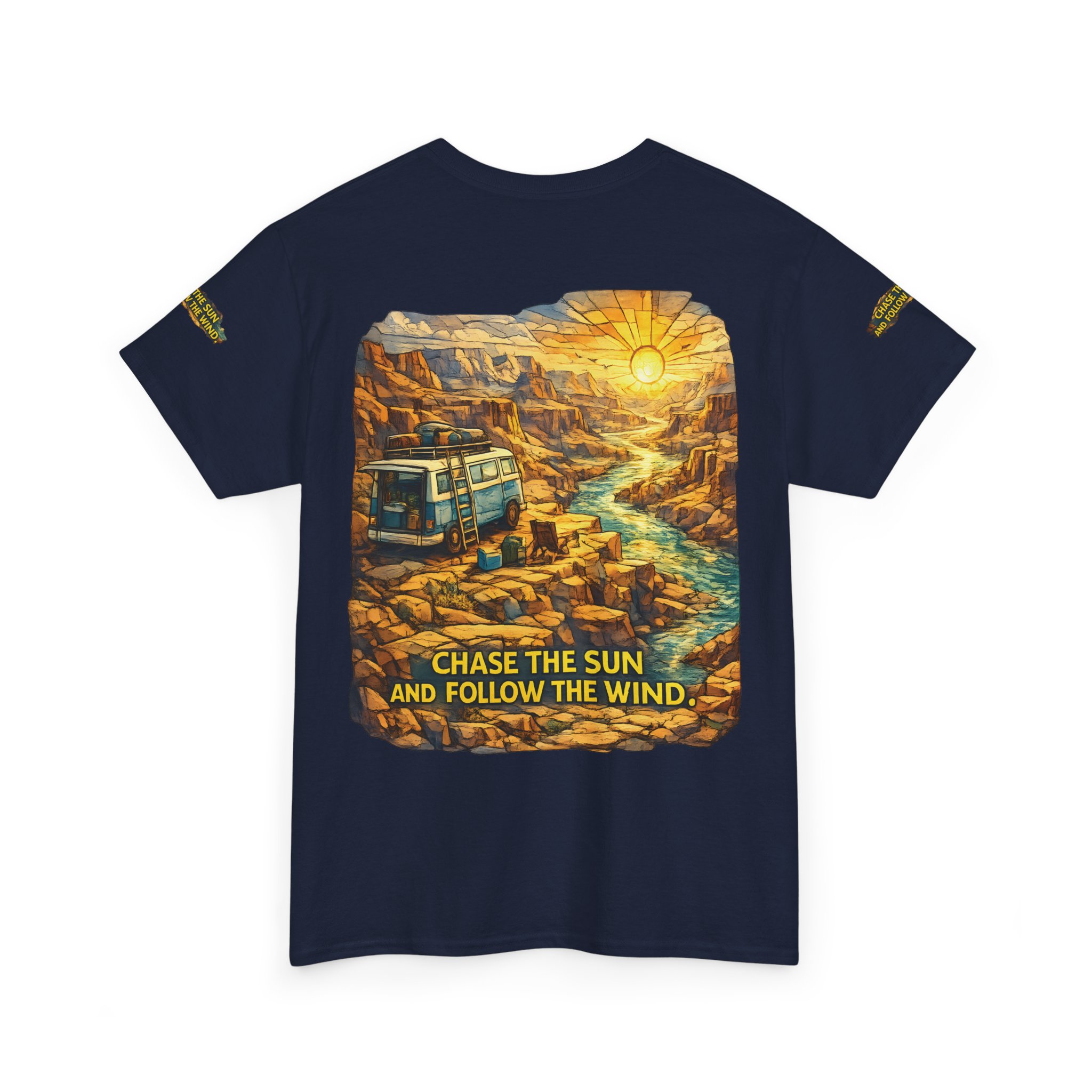 6471018005225817571_2048.jpeg Unisex Heavy Cotton Tee — "Chase The Sun And Follow The Wind" Design Cubic-Line