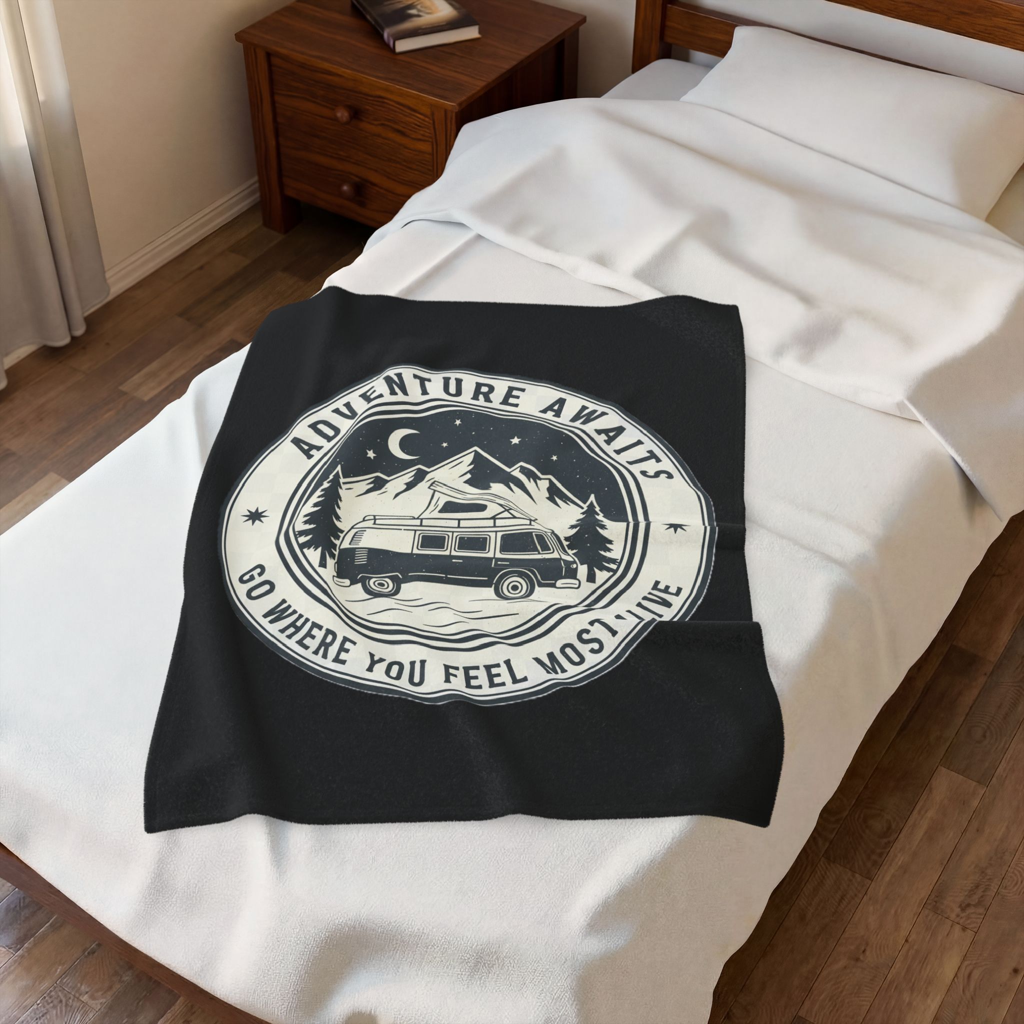 Velveteen Blanket —"Adventure Awaits-Go Where You Feel Most Alive" Camper Throw