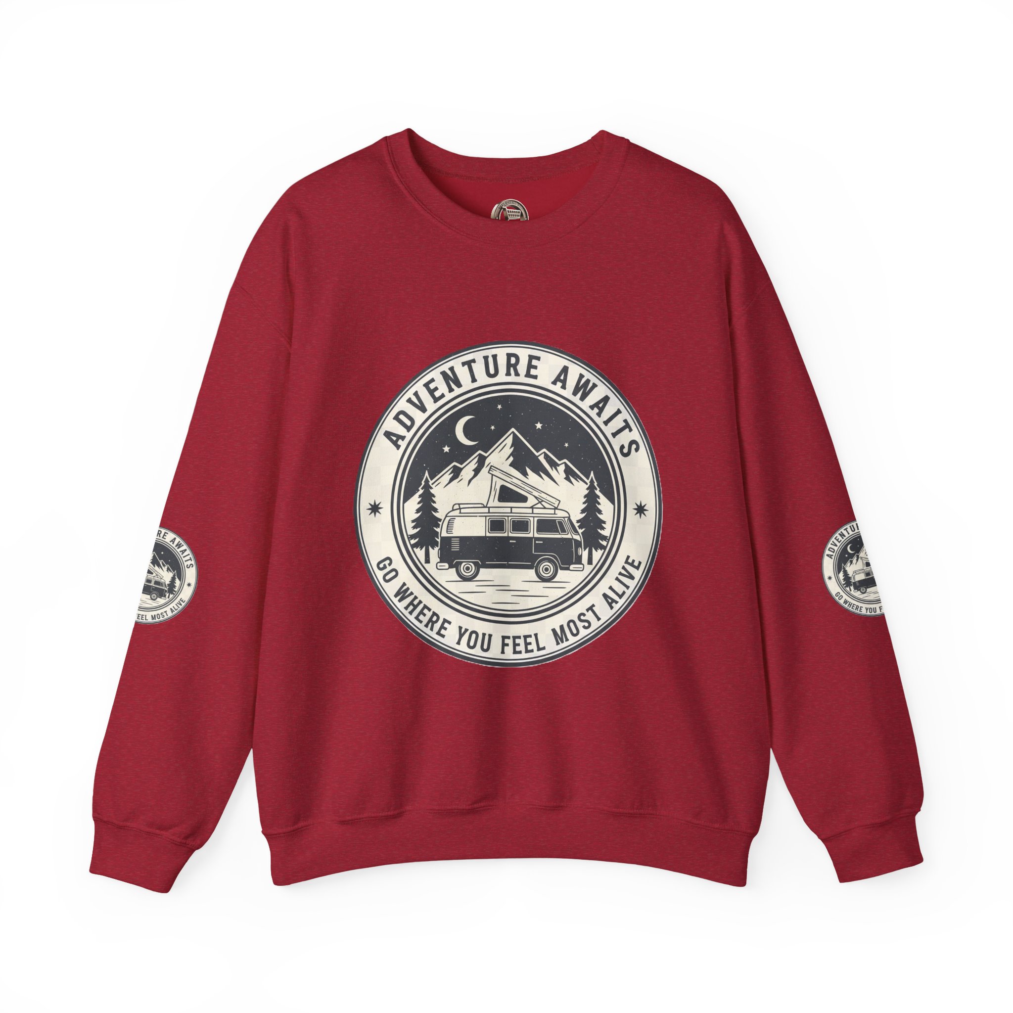 6475790289088722589_2048.jpeg Crewneck Sweatshirt — "Adventure Awaits-Go Where You Feel Most Alive" (Font + Back + Sleaves printed) Vintage Camper Van Outdoor Graphic