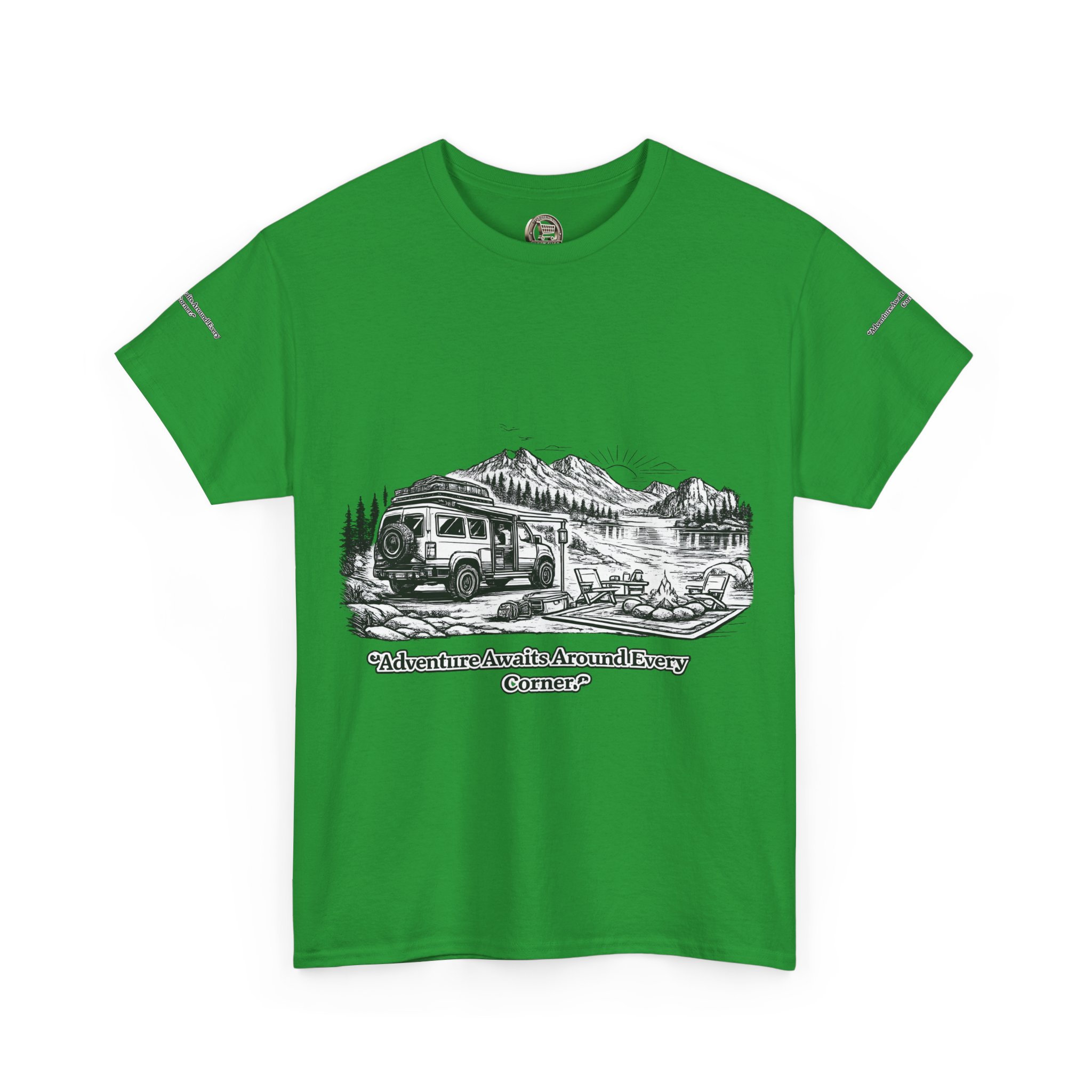 Unisex Heavy Cotton Tee — "Adventure Awaits Around Every Corner" Design Minimal-Line