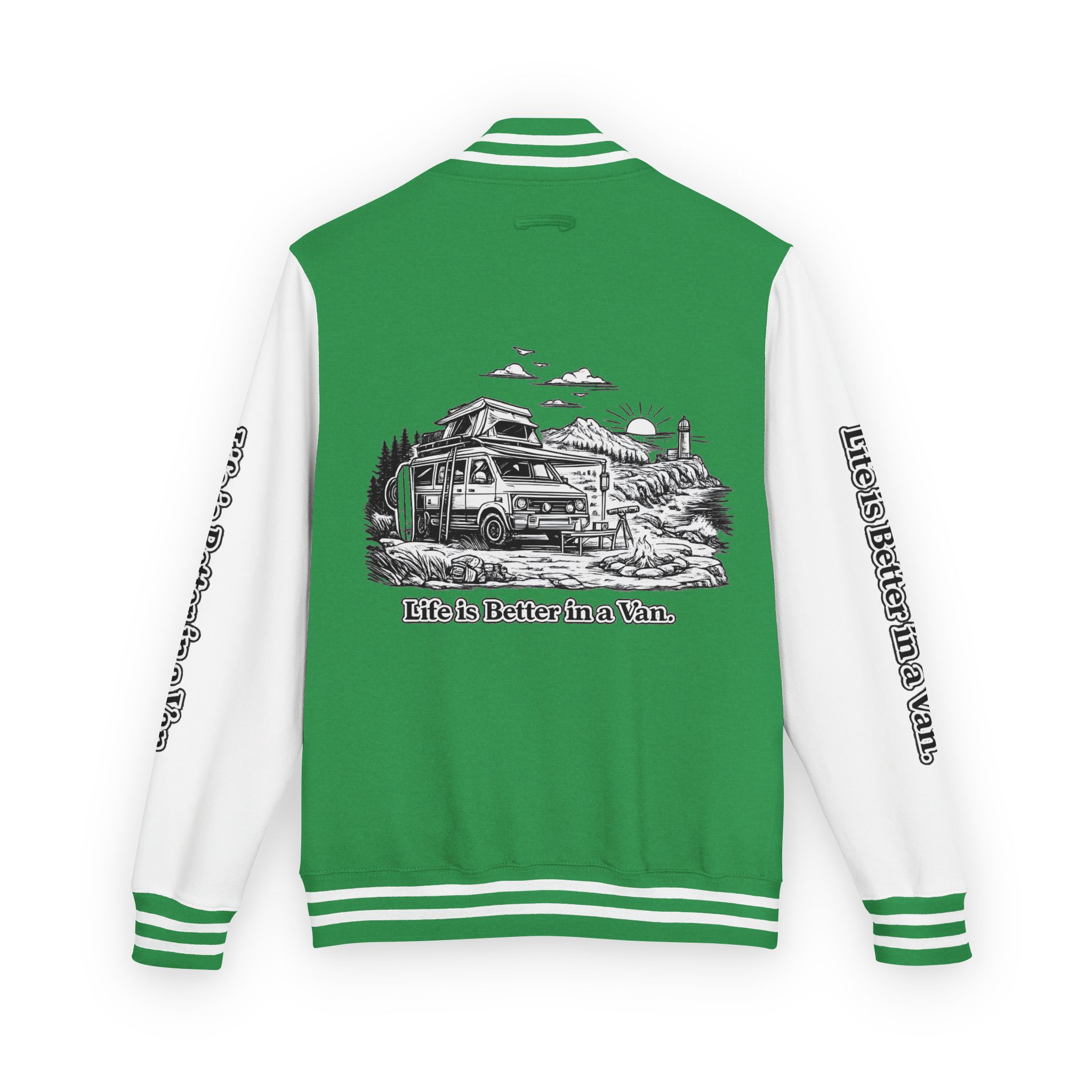 Unisex Heavyweight Letterman Jacket — "Life Is Better In A Van" Travel Varsity Coat