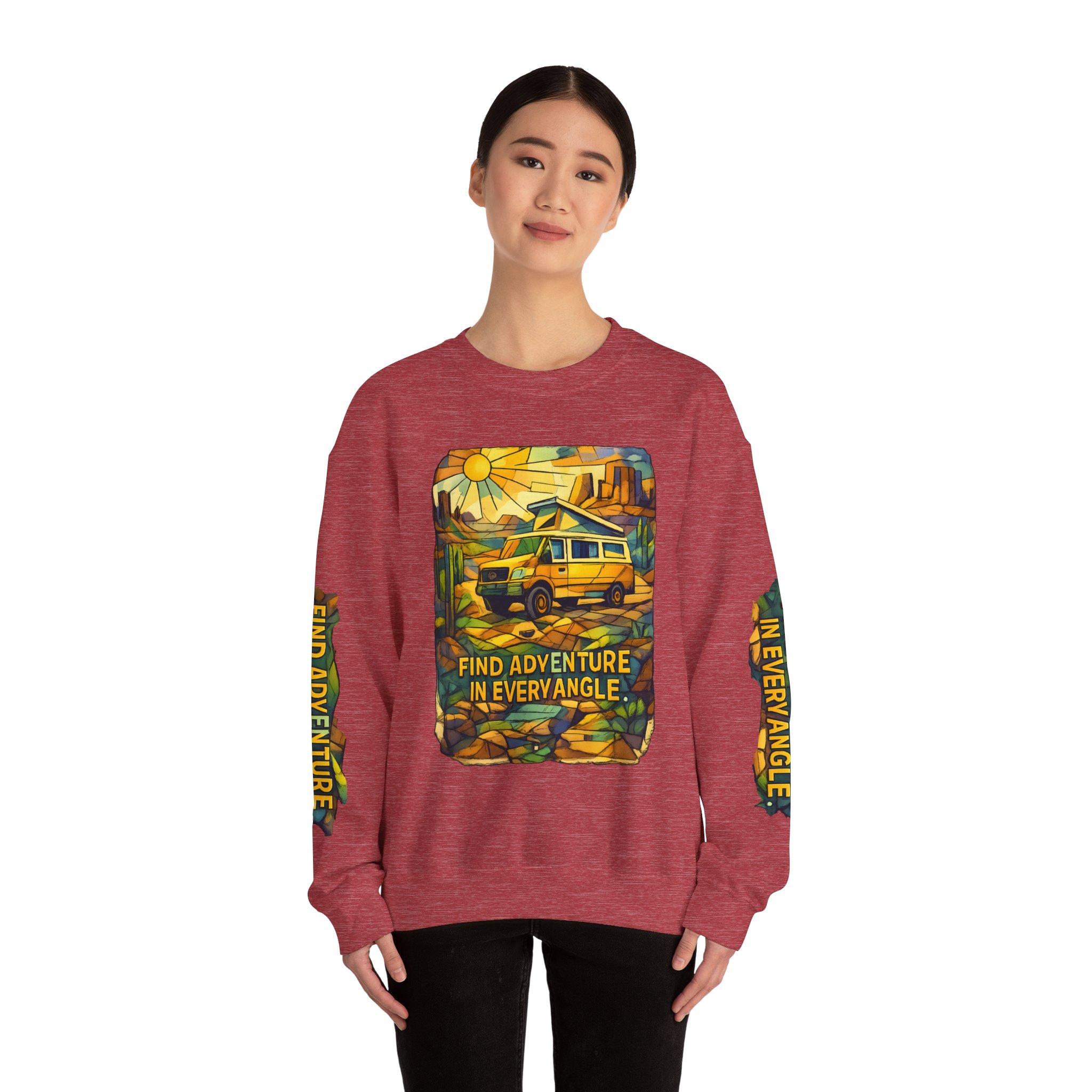 Unisex Heavy Blend™ Crewneck Sweatshirt — "Find Adventure In Every Corner" Design Cubic-Line